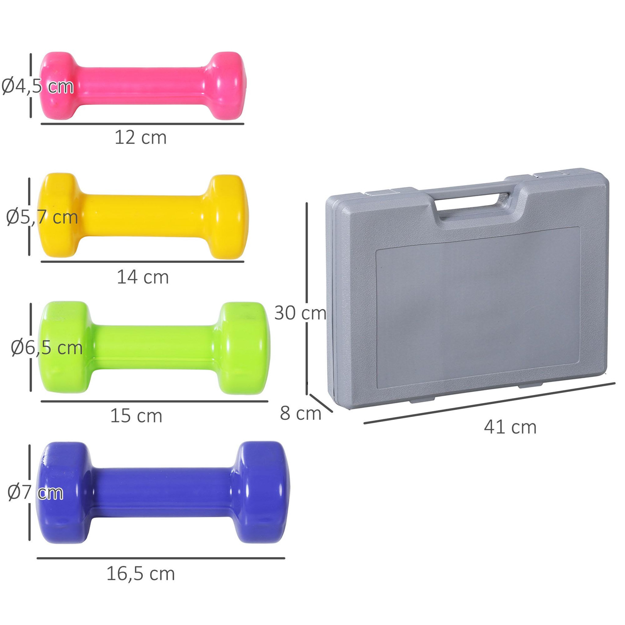 Voir la diapositive 3 : HOMCOM Ensemble d'haltères courtes total 10 kg - paires de 0,5/1/1,5/2 kg avec malette - entraînement musculaire & haltérophilie - métal pu multicolore