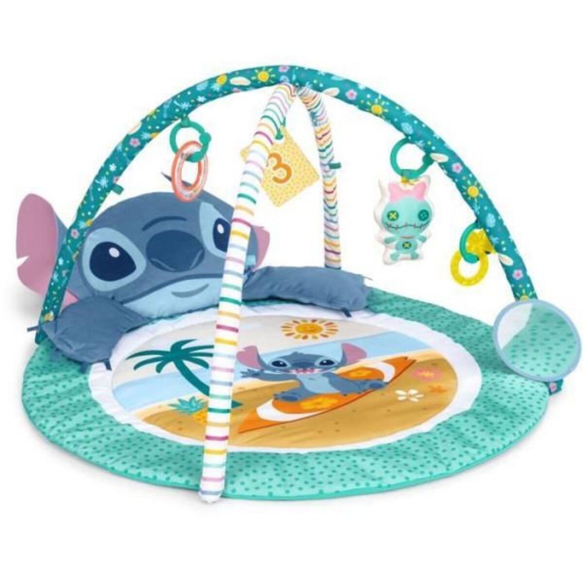 Bright Starts DISNEY BABY - STITCH - Tapis de sol éveil bébé, évolutif, arche avec jouets sensoriels, peluche, miroir, coussin Stitch, hoc