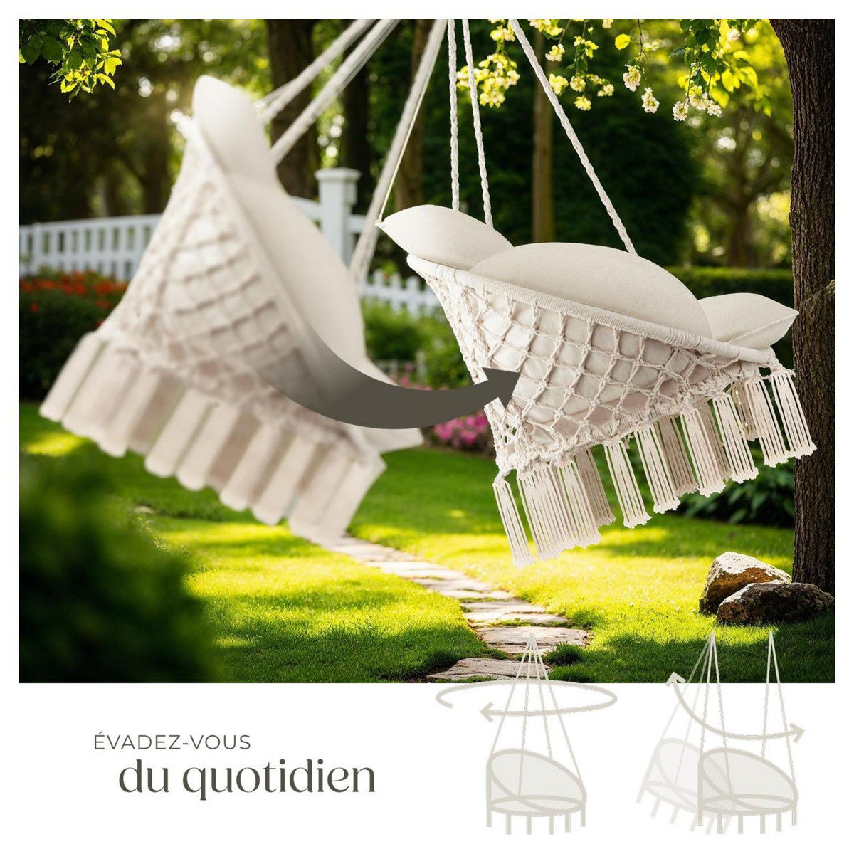 tectake Fauteuil suspendu avec un coussin d'assise épais beige