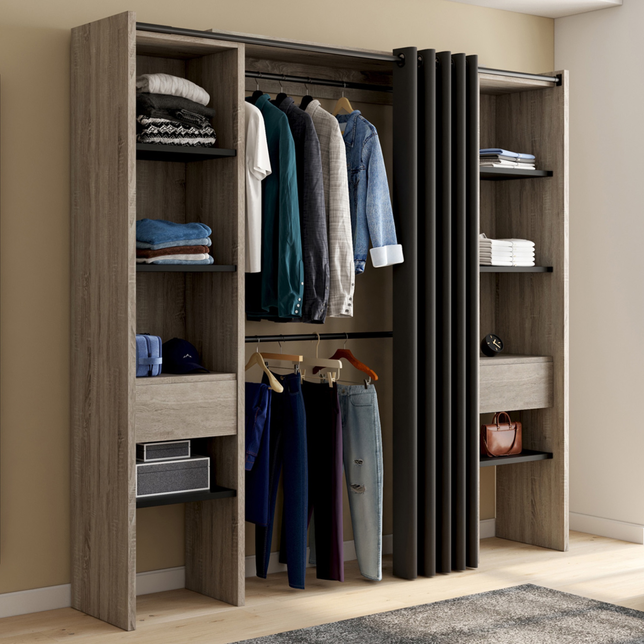 Voir la diapositive 2 : ID MARKET Dressing extensible double meryl 120/180 x 50 x 180 cm hêtre avec étagères hêtre + double penderie + rideau noir