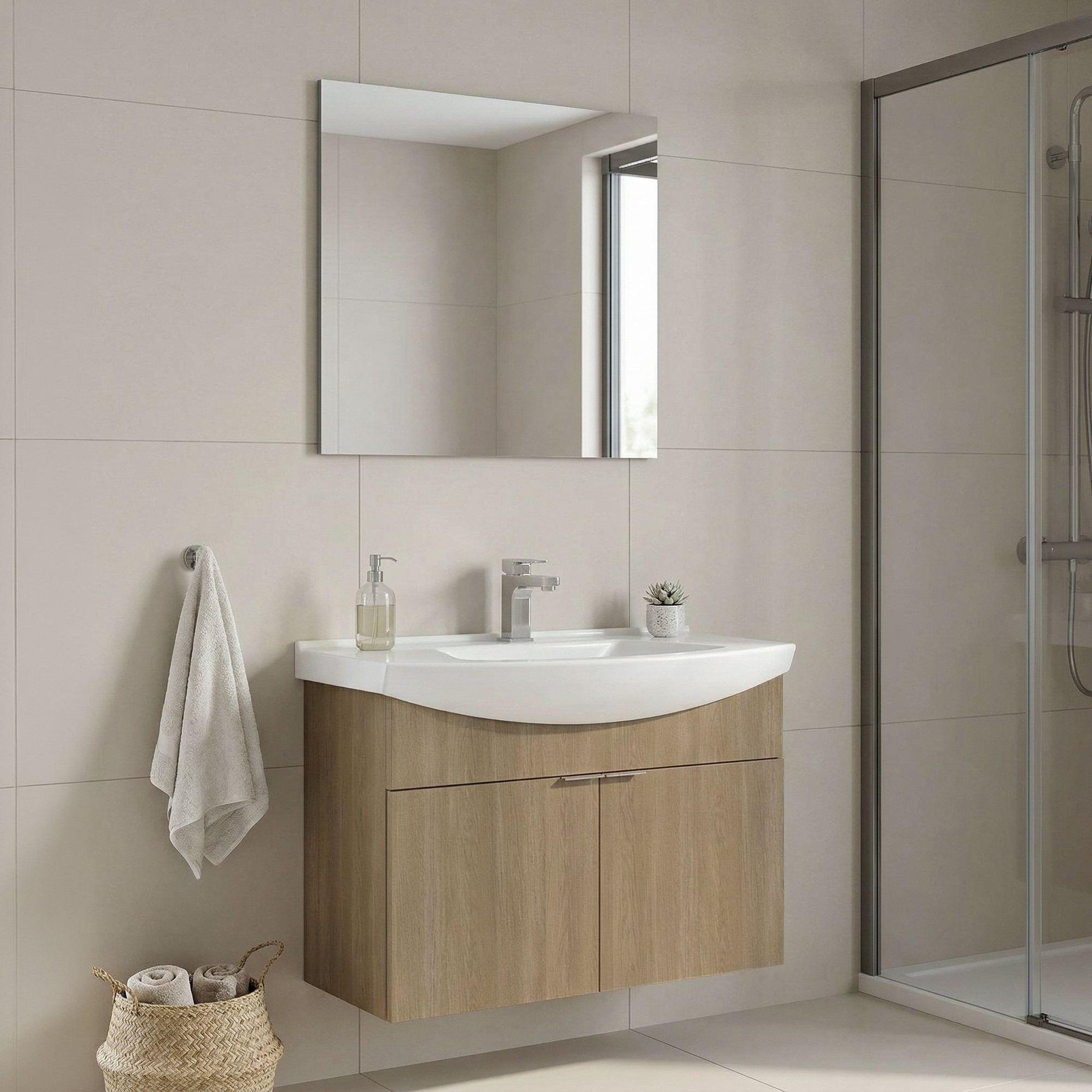 Voir la diapositive 2 : Habitat et Jardin Meuble avec simple vasque et miroir  Purus 80  - 80 x 50 x 58 cm - Oak