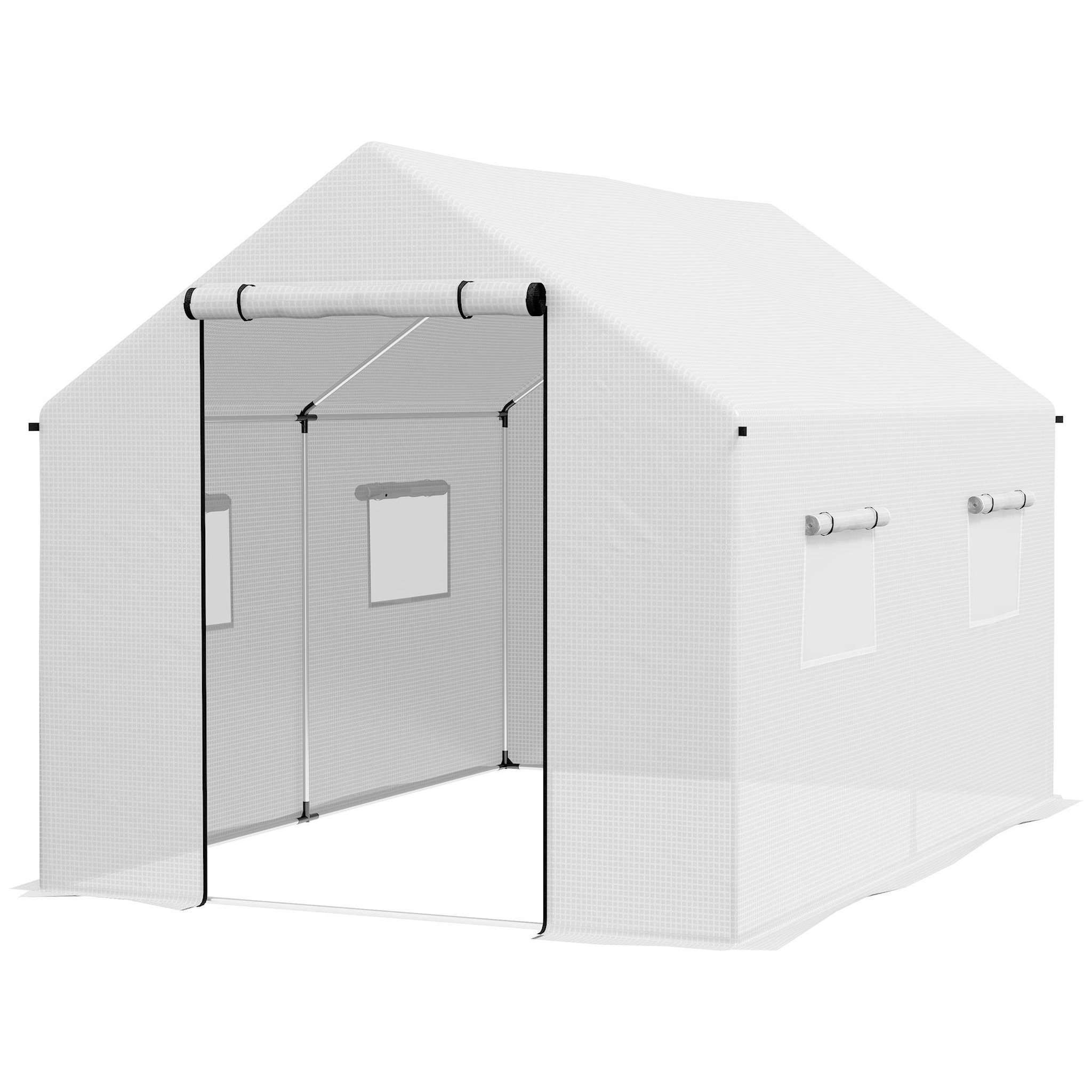 OUTSUNNY Serre de jardin tunnel 6 m² porte 4 fenêtres acier galvanisé PE blanc