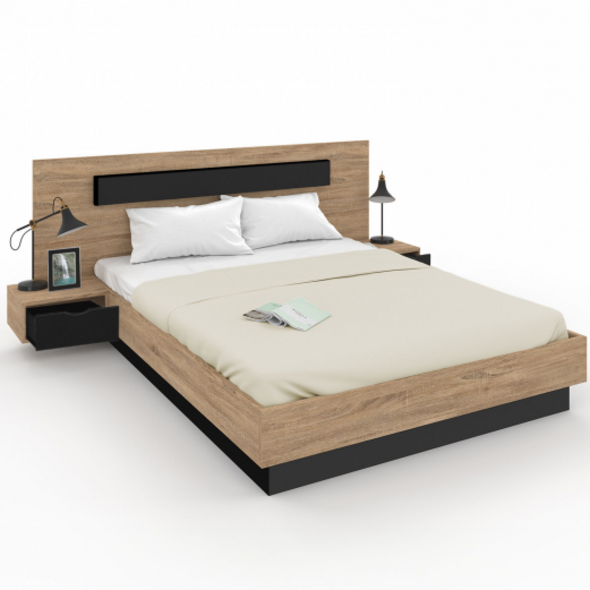 ID MARKET Lit double SANTA avec tête de lit + tables de chevet intégrées et sommier 160 x 200 cm bois et noir