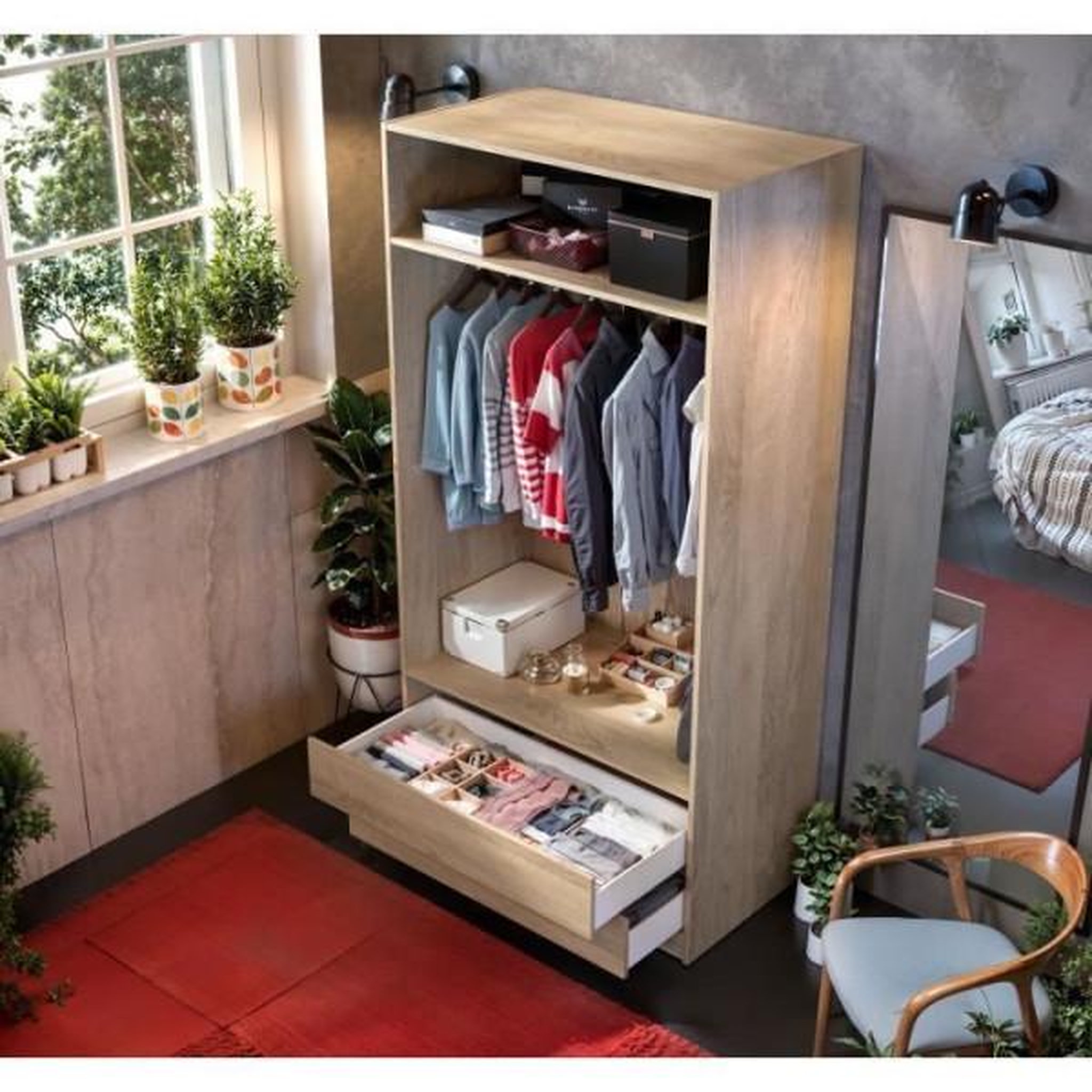 Voir la diapositive 3 : MARKET24 Dressing - Décor Chene - 2 tiroirs - 2 étageres - 1 tringle - L100 x P57 x H200 cm