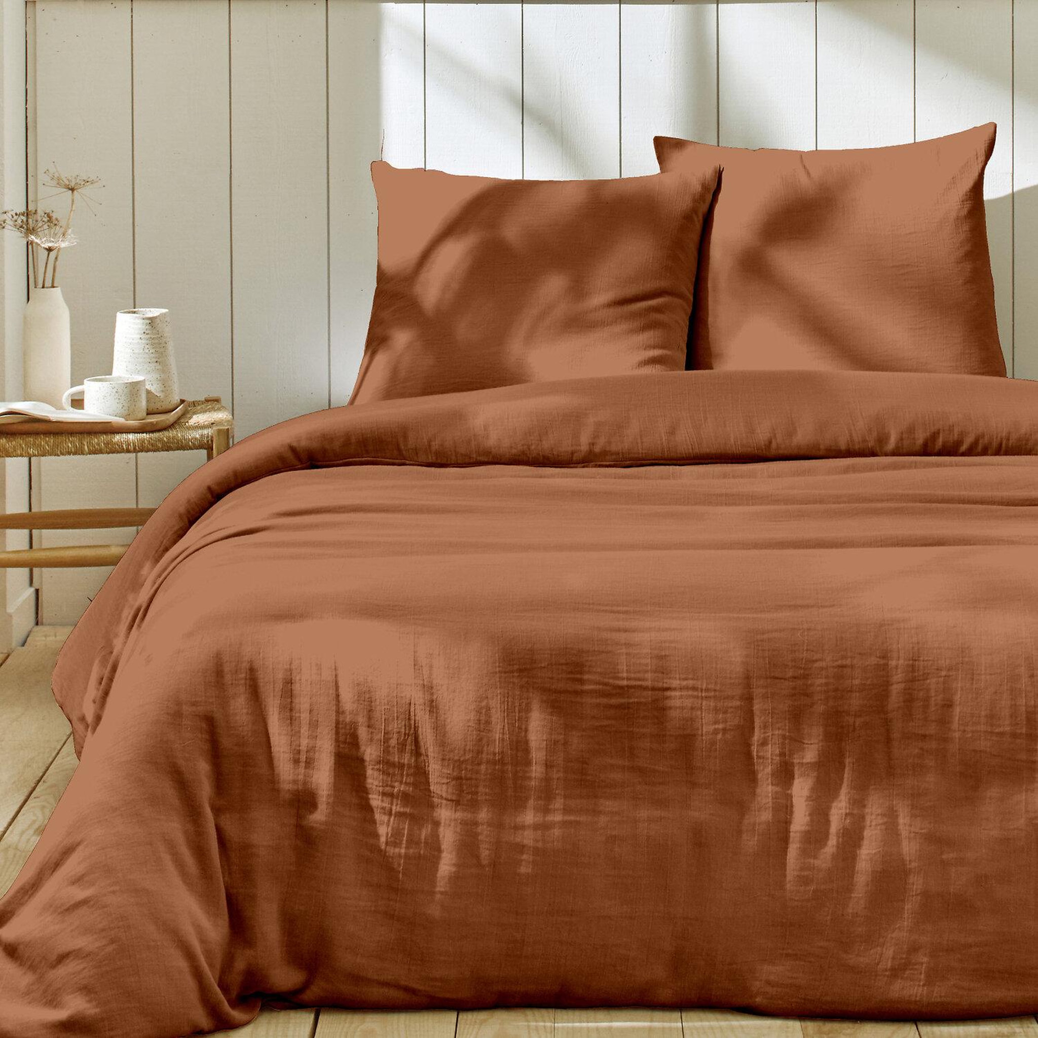 Voir la diapositive 2 : Home collection Parure housse de couette en gaze de coton - rose