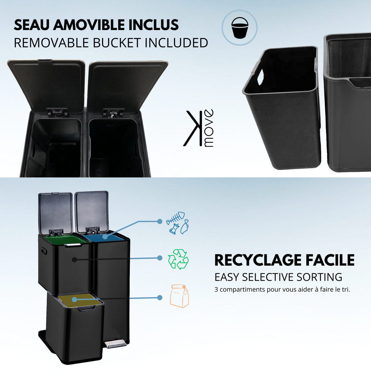 Kitchen move Poubelle de cuisine tri sélectif HAJA Noir Acier inoxydable 60L