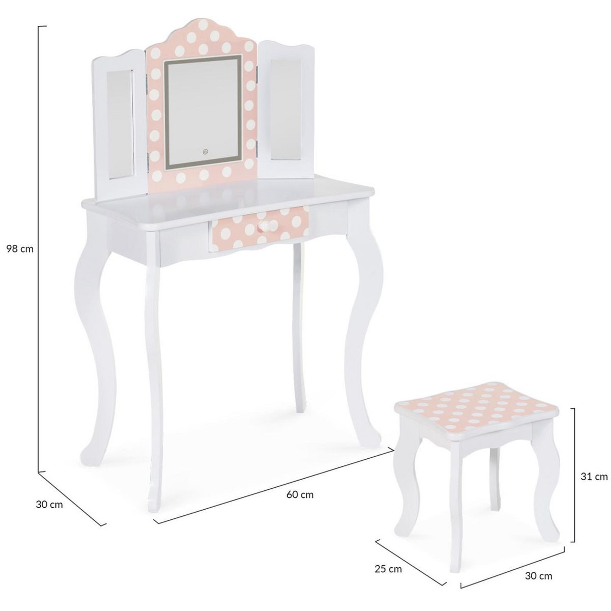 ID MARKET Coiffeuse enfant ROZA LED blanche et rose avec 3 miroirs et tabouret