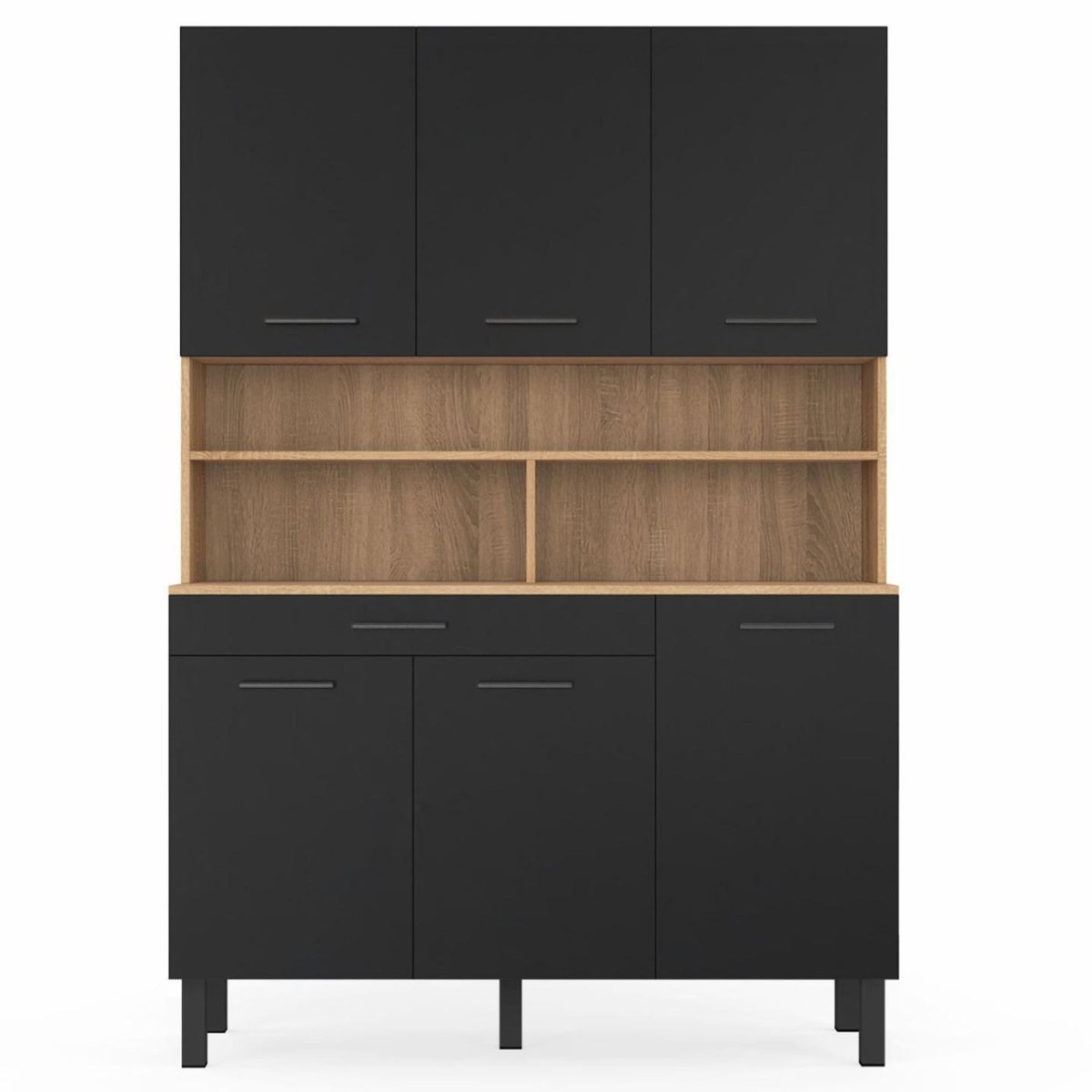 ID MARKET Buffet de cuisine 120 CM CINA 6 portes + tiroir façon hêtre et noir