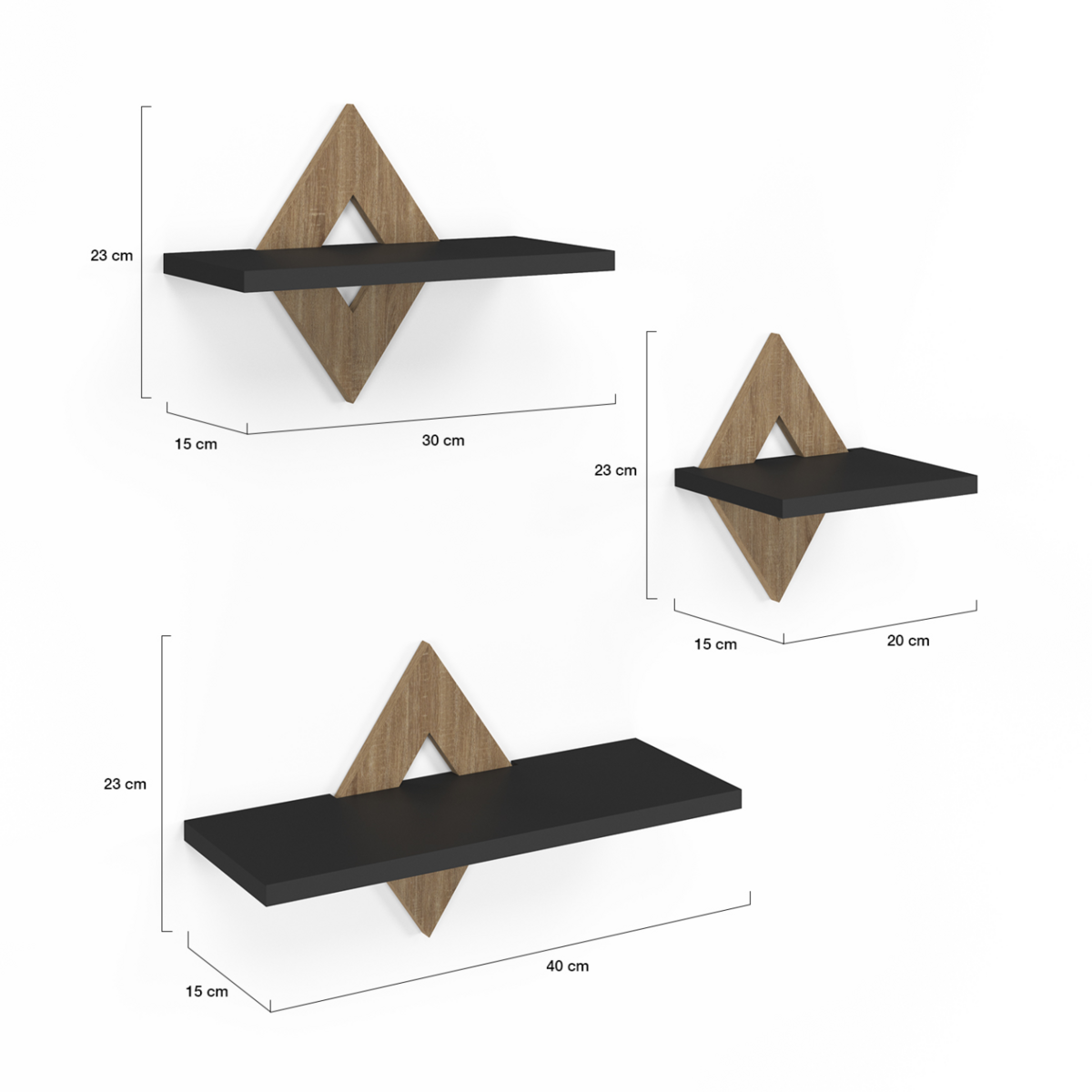 ID MARKET Lot de 3 étagères murales IRIS façon hêtre et noir