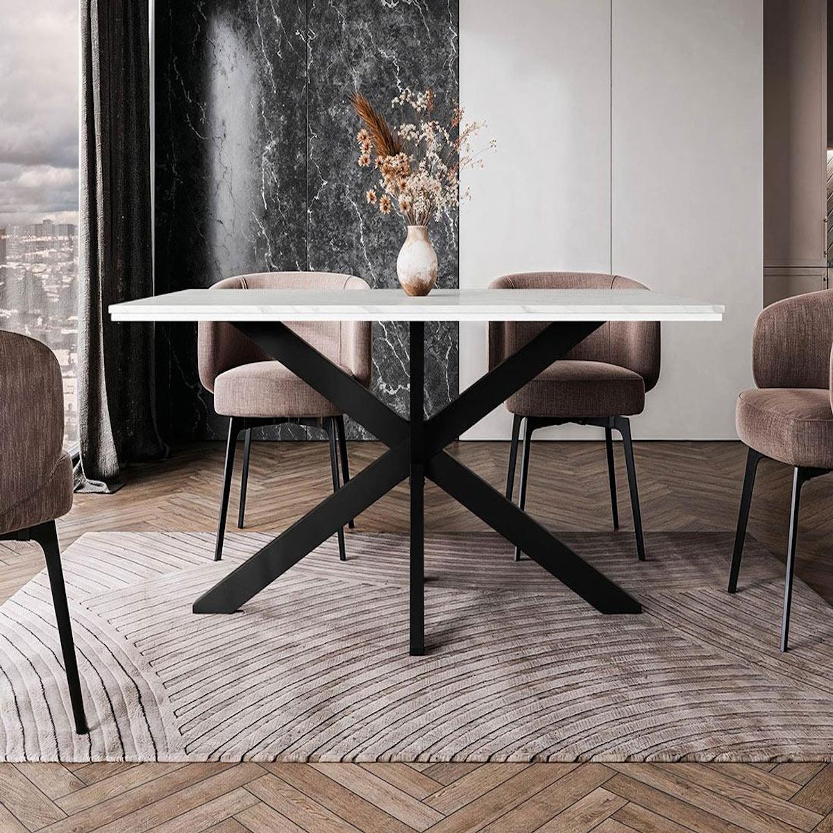 BEST MOBILIER Tom - table à manger - plateau effet marbre - pieds en métal - 4 à 6 personnes