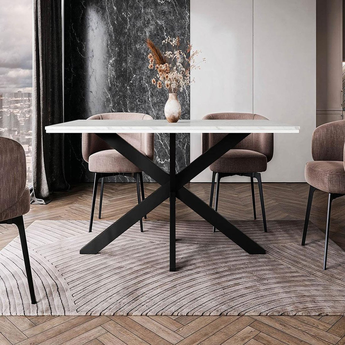 BEST MOBILIER Tom - table à manger - plateau effet marbre - pieds en métal - 4 à 6 personnes