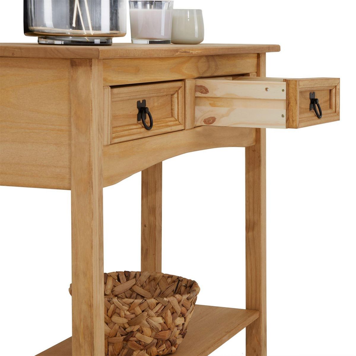 IDIMEX Table console SALSA table d'appoint en bois style mexicain avec 2 tiroirs et 1 étagère, en pin massif finition teintée/cirée