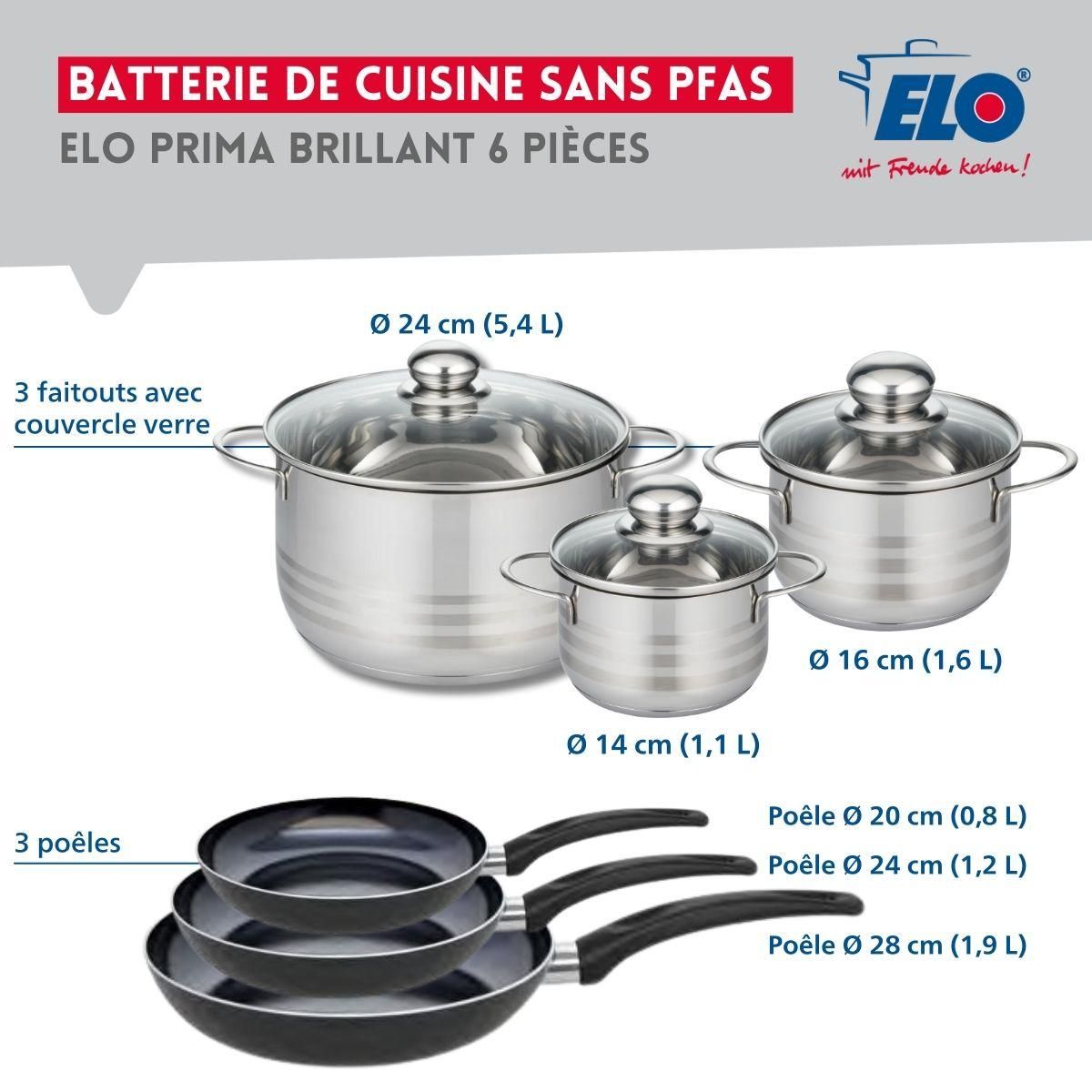 ELO Ensemble de 3 Poêles de cuisson 20, 24 et 28 cm et 3 faitouts 14, 16 et 24 cm Elo Prima Brillant