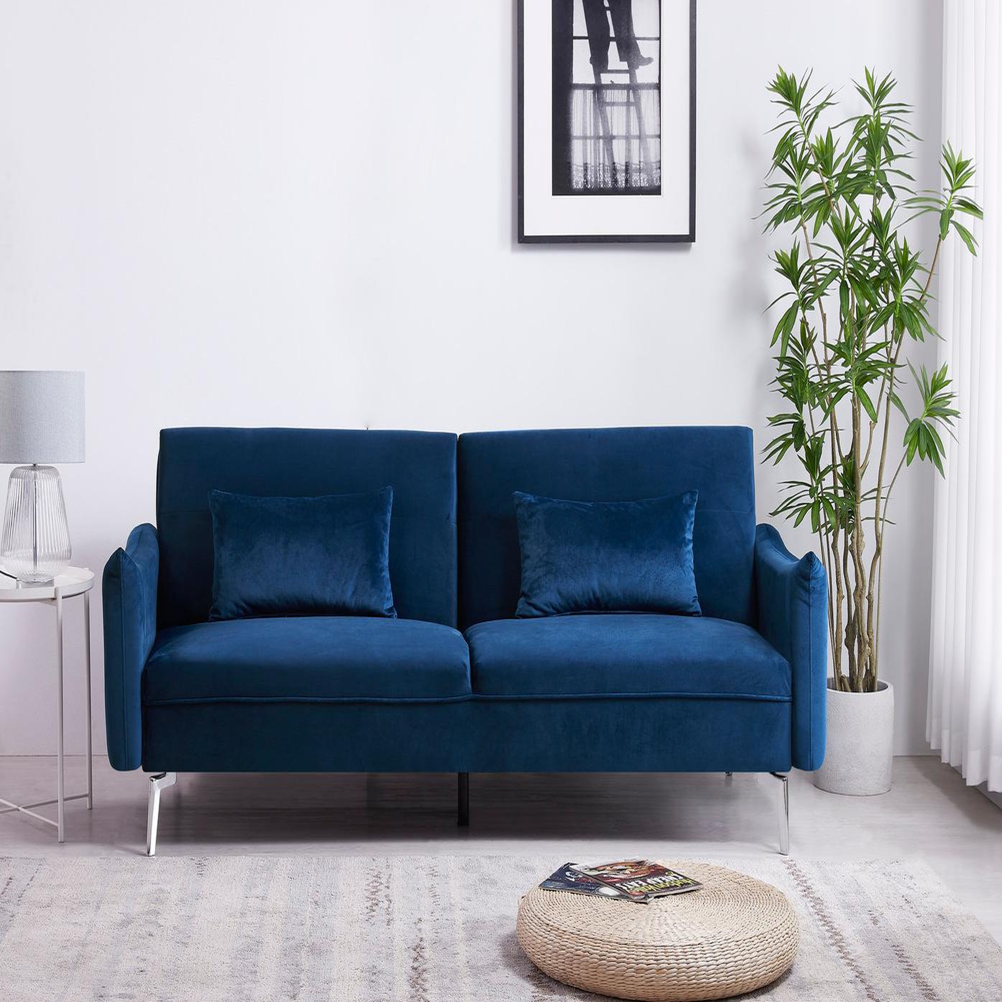Voir la diapositive 2 : CONCEPT USINE Canapé design convertible 3 places en velours bleu betty