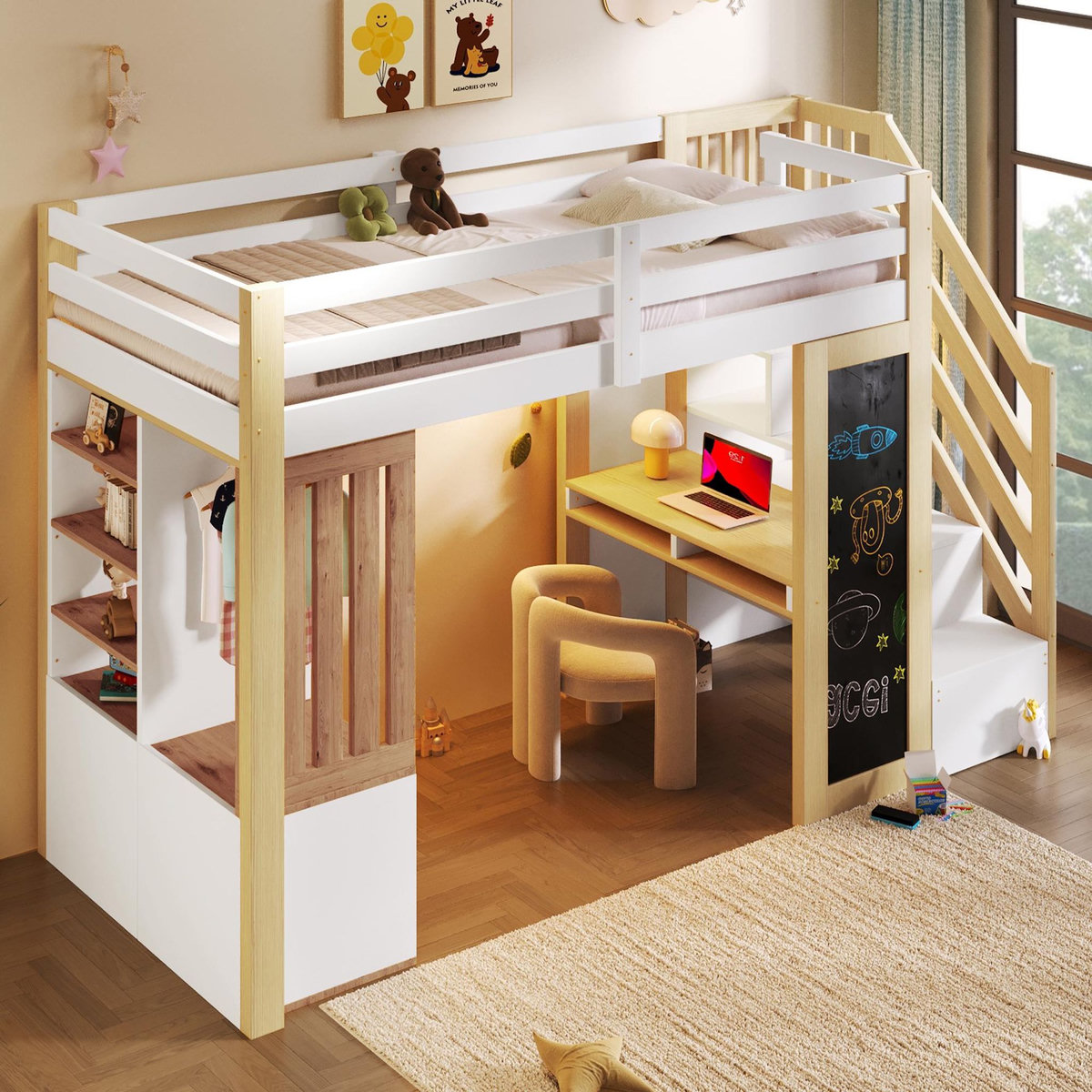 MERAX Lit combiné enfant 90x200 cm coloris blanc+naturel led pin