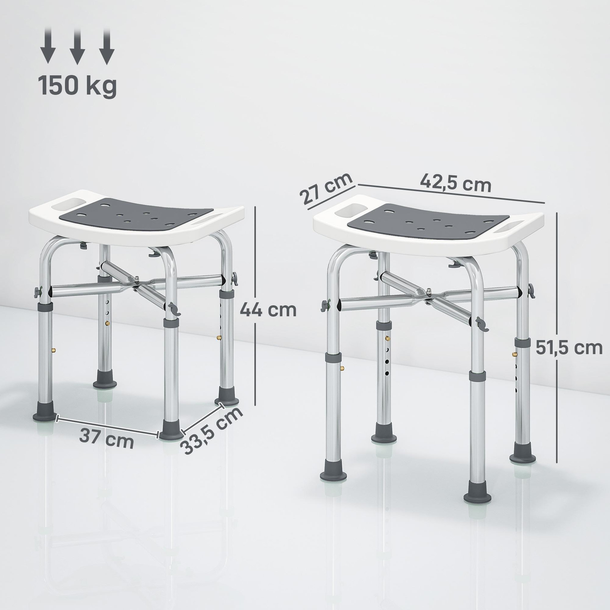 Voir la diapositive 3 : HOMCOM Siège de douche réglable en hauteur tabouret de douche ergonomique pieds antidérapants charge max. 150 kg alu hdpe blanc gris