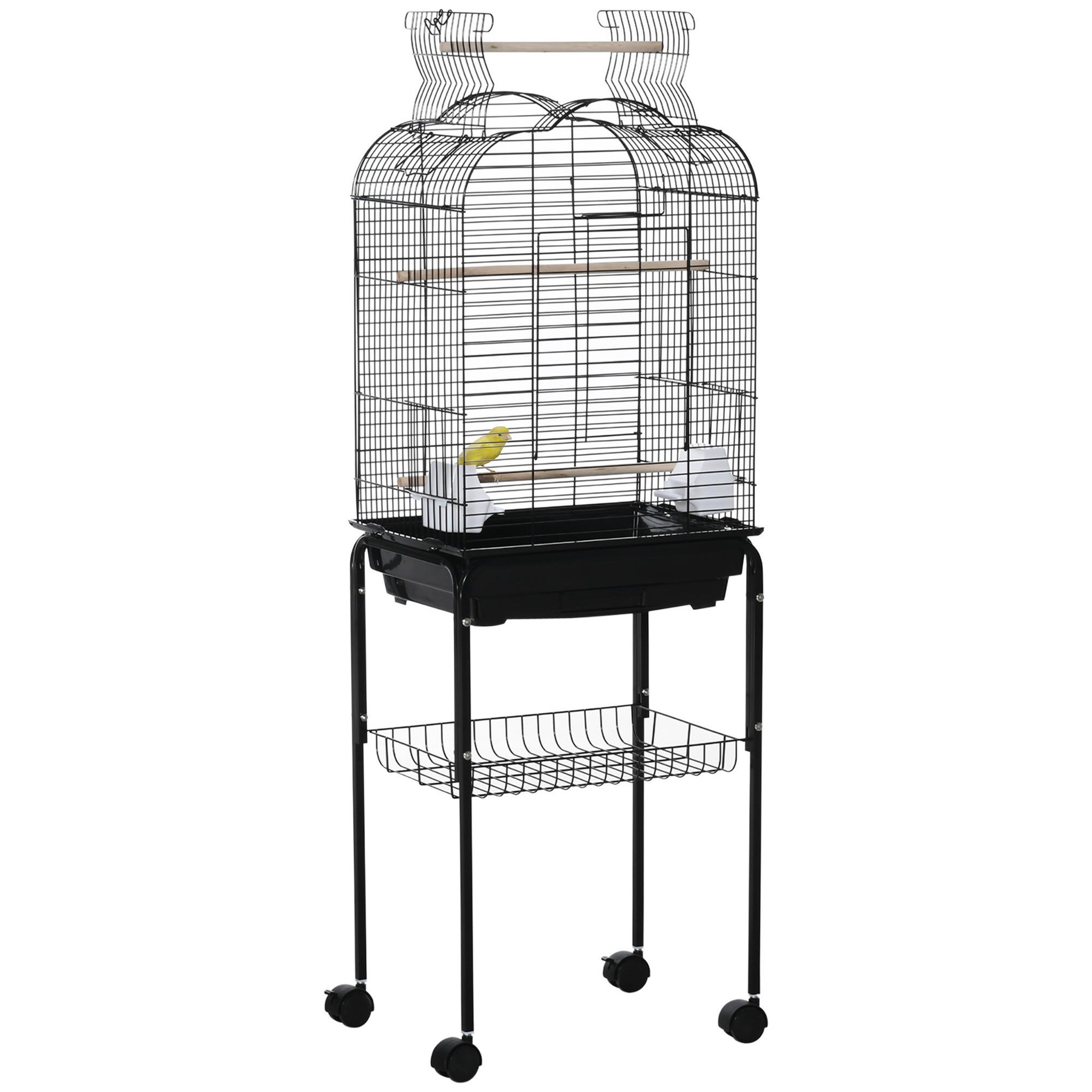 PAWHUT PawHut Cage à oiseaux volière amovible sur roulettes - toit ouvrant, tiroir déjection, 2 perchoirs, 2 trappes, porte, 2 mangeoires, 2 poignées - étagère - acier PP noir