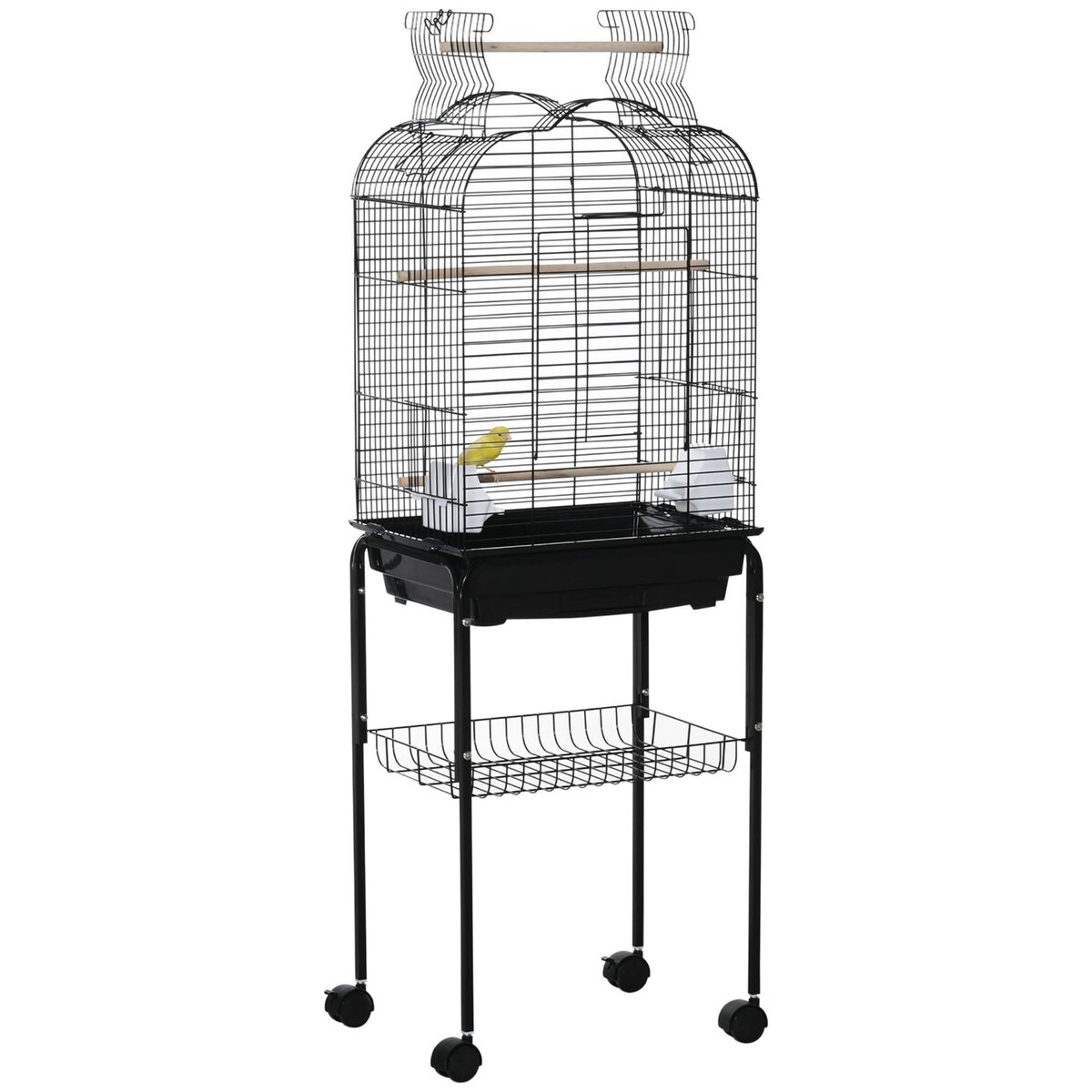 PAWHUT PawHut Cage à oiseaux volière amovible sur roulettes - toit ouvrant, tiroir déjection, 2 perchoirs, 2 trappes, porte, 2 mangeoires, 2 poignées - étagère - acier PP noir