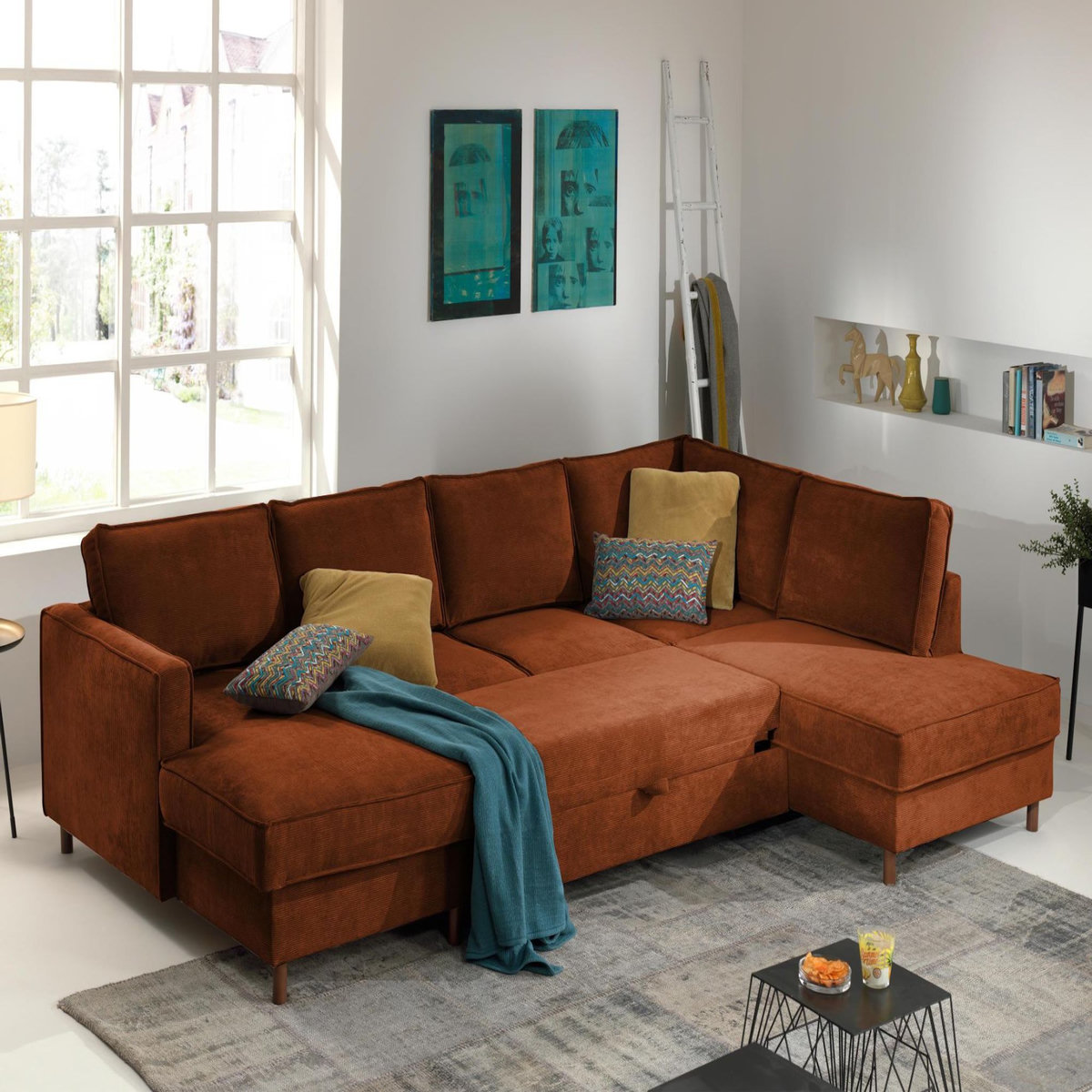 LISA DESIGN Jake - canapé panoramique d'angle droit - convertible avec coffre - 7 places - en velours côtelé