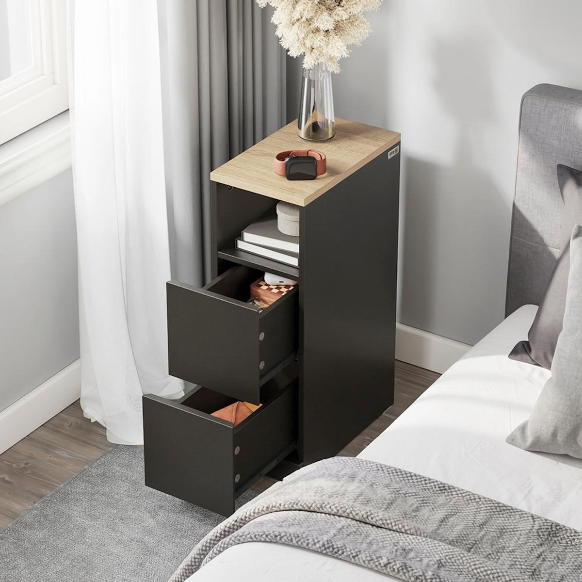 SOBUY Chevet avec 2 Tiroirs Noir 35x20x60cm FBT149-SCH