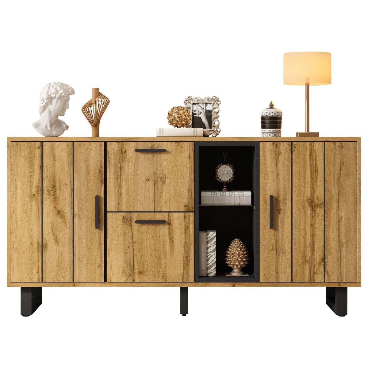 MERAX Buffet 2 porte(s) 2 tiroir(s) - 160 cm naturel led mdf