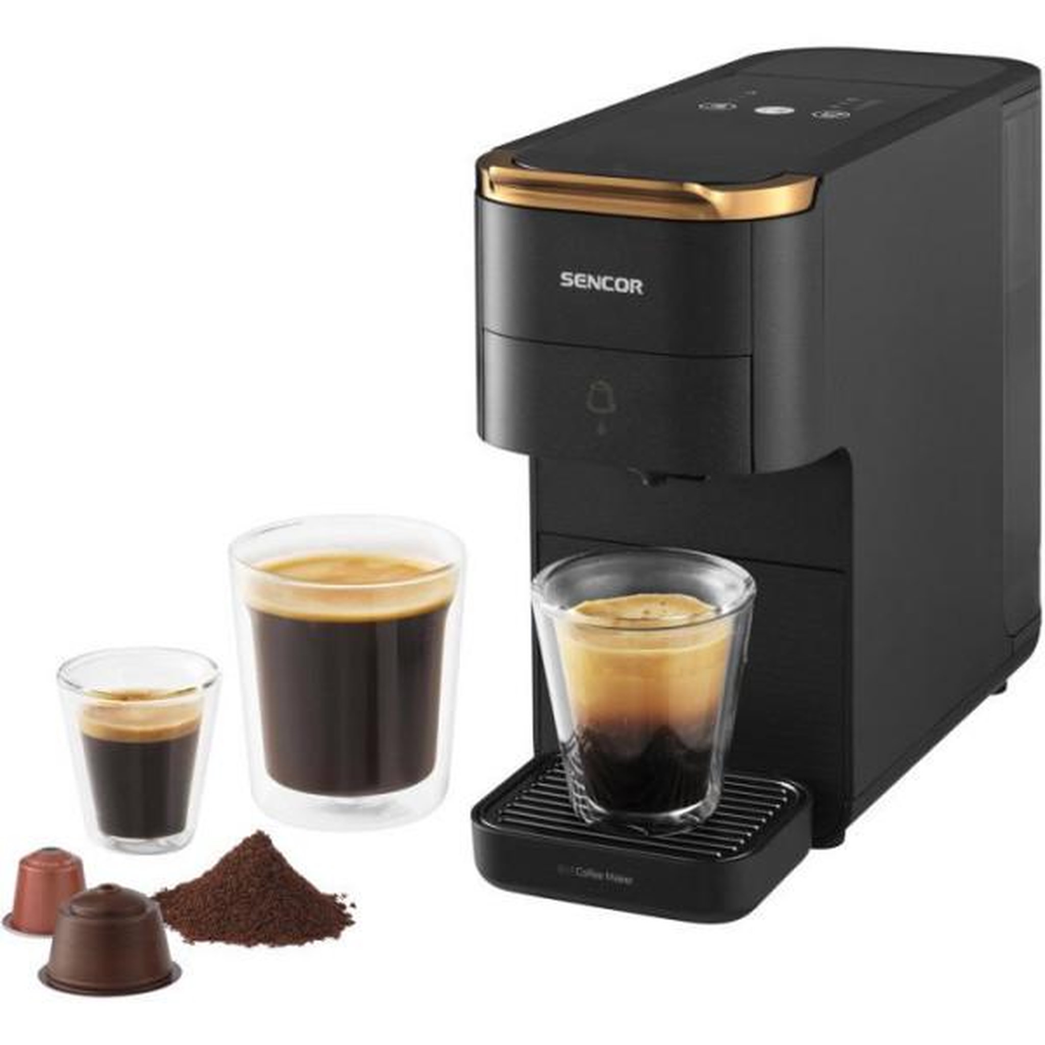 Voir la diapositive 5 : MARKET24 Machine a Cafe  a expresso a capsules SENCOR SCC 1000BK - Nespresso Dolce Gusto et café moulu - Préchauffage 45 s - Noir
