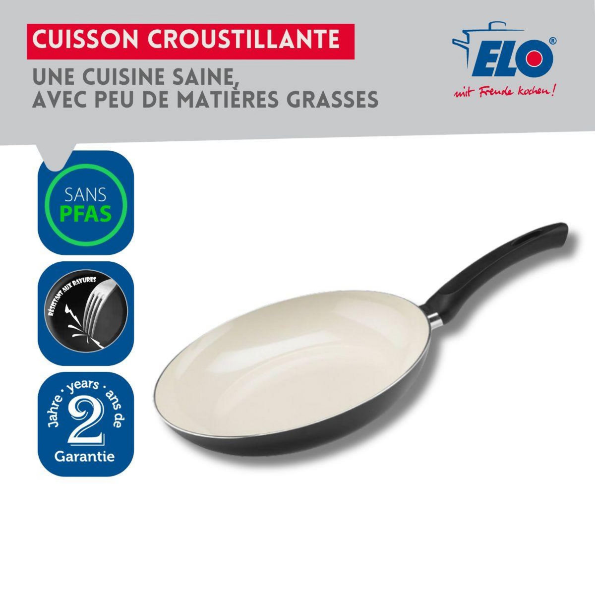 ELO Set de 2 Poêles 20 et 24 cm céramique sans PFAS et 2 couvercles de cuisson en verre Elo Pure Ceramica