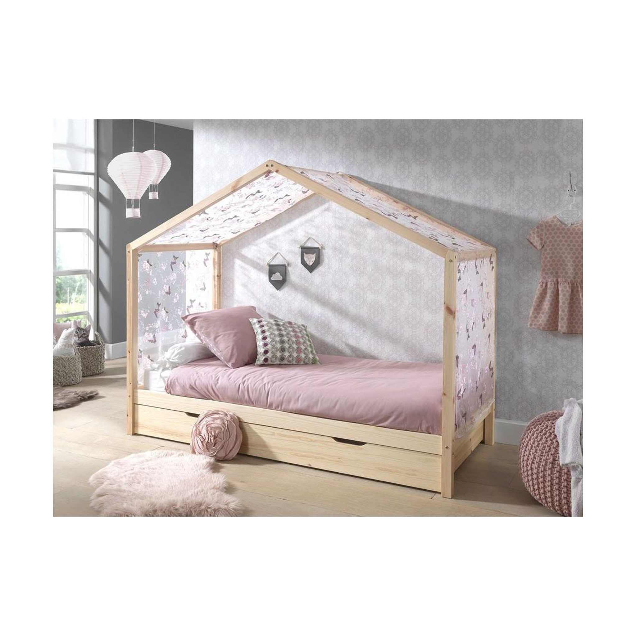 Voir la diapositive 3 : Paris Prix Lit enfant cabane & voile  dallas ii  90x200cm naturel