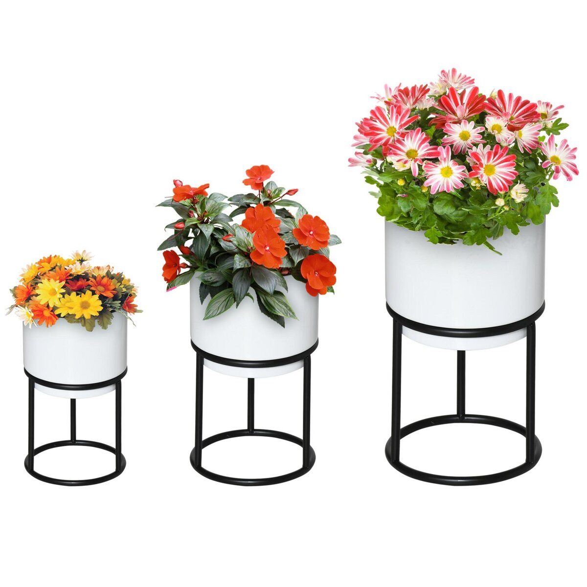 OUTSUNNY Supports de pots de fleurs design - supports à plantes - lot de 3 avec pots de fleurs - métal époxy noir et blanc