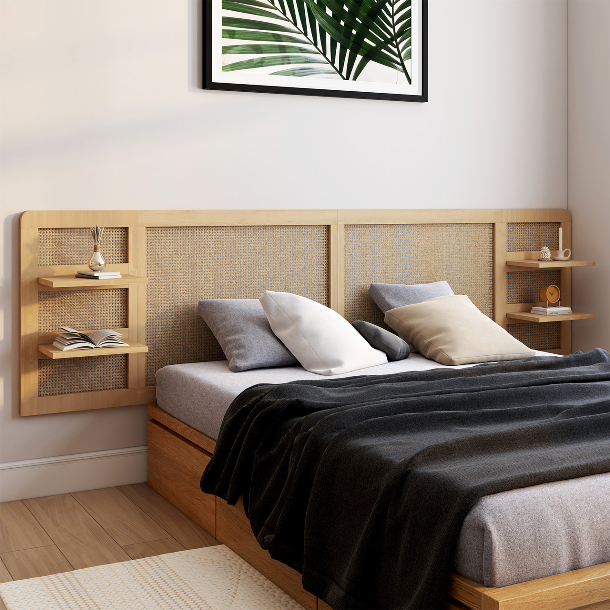 Voir la diapositive 2 : ID MARKET Tête de lit suspendue edhen 240 cm cannage et bois avec étagères