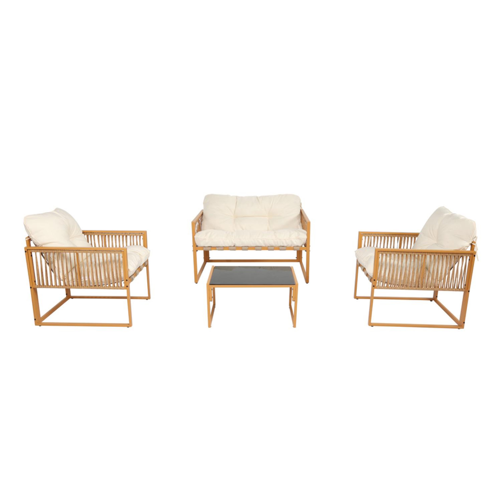 CONCEPT USINE Salon de jardin 4 places effet rotin coussins blancs turini