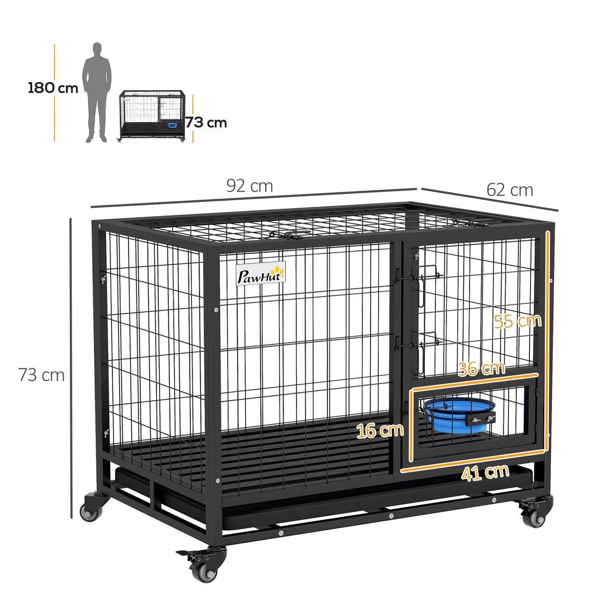 PAWHUT Cage pour chien sur roulettes 2 portes verrouillables - support gamelle, plateau amovible - acier noir