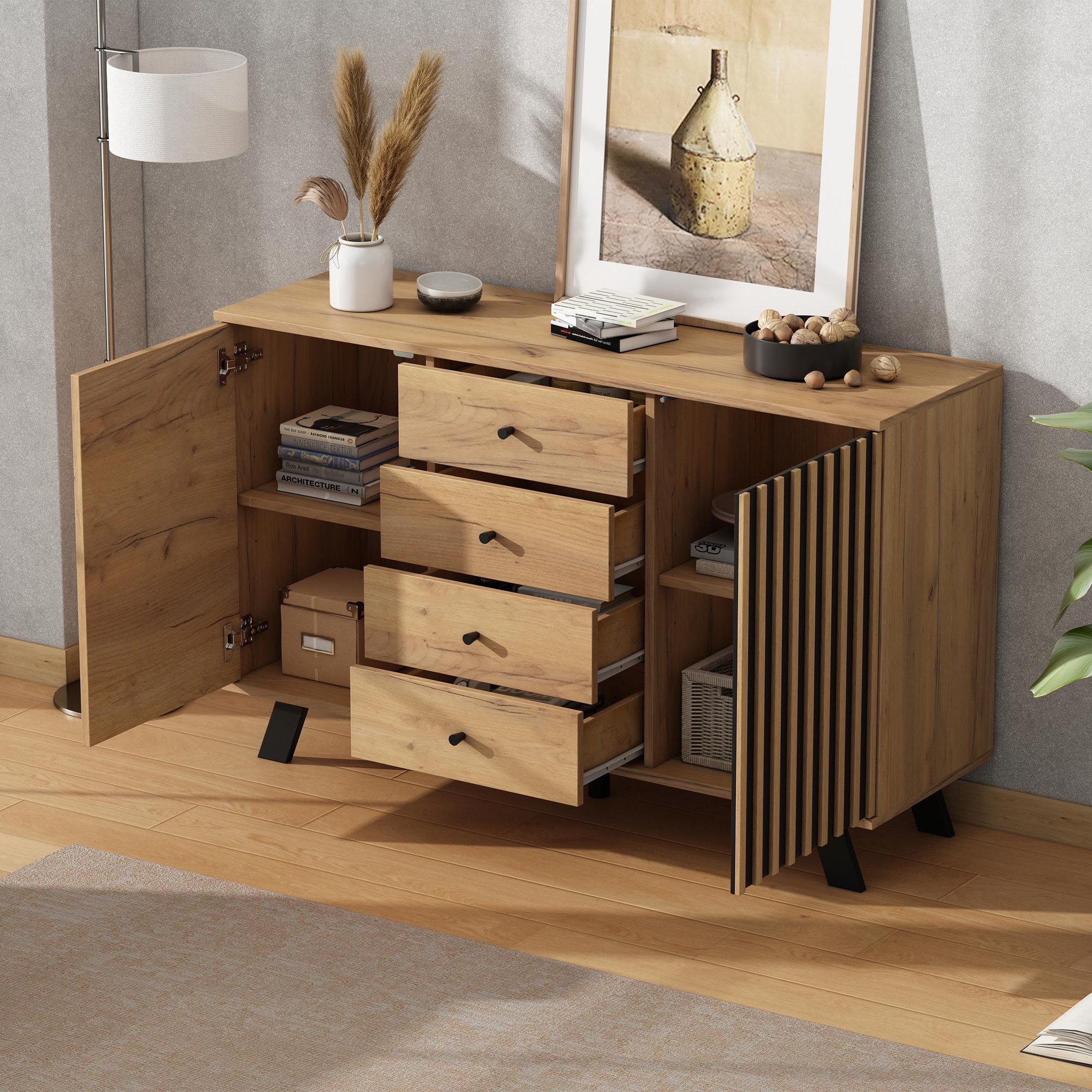 Voir la diapositive 5 : MERAX Buffet 2 porte(s) 4 tiroir(s) - 120 cm naturel mdf