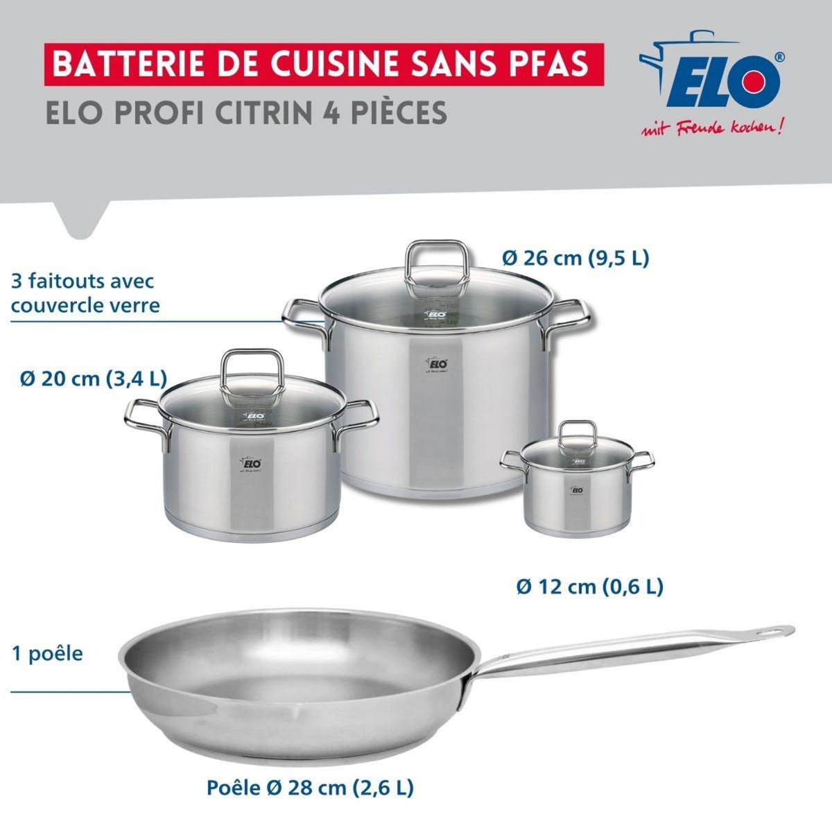 666 Barcelona Ensemble de 1 Poêle de cuisson 28 cm et 3 faitouts 12, 20 et 26 cm Elo Profi Citrin