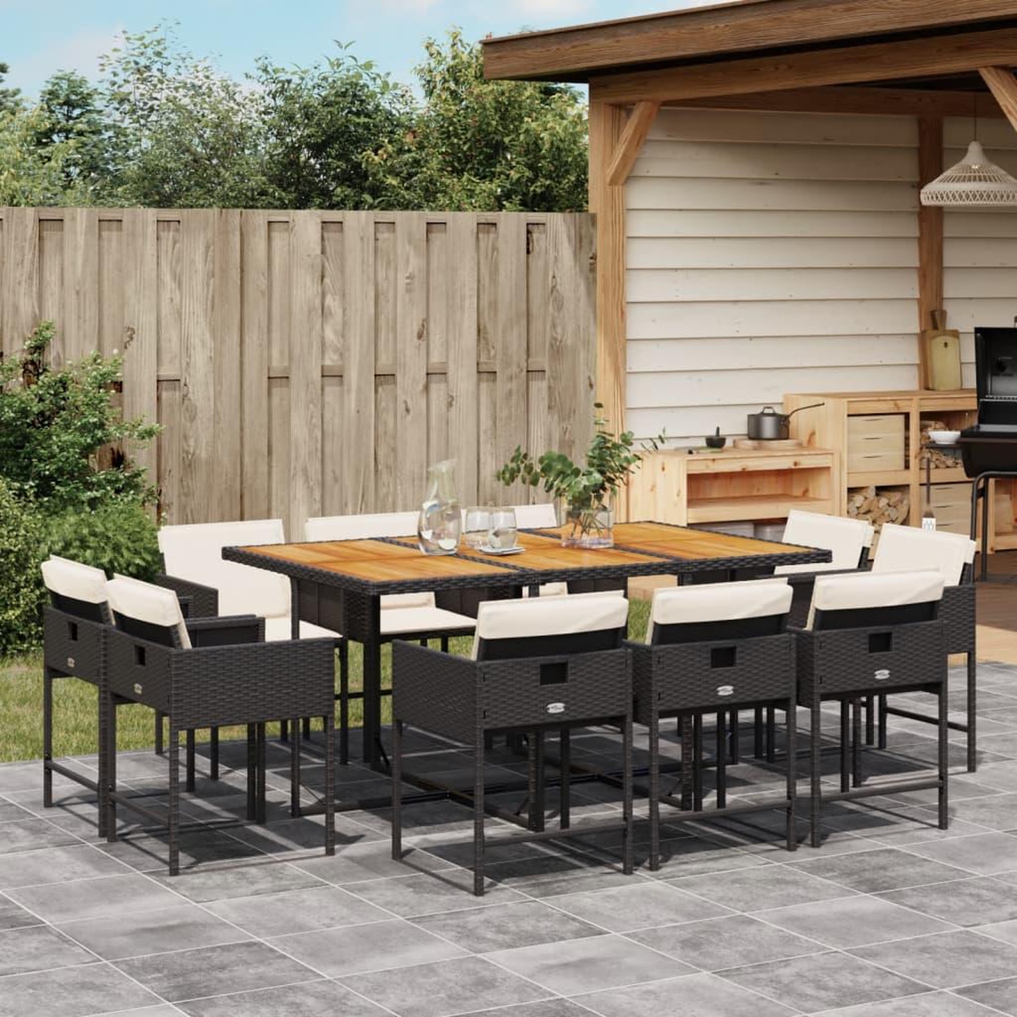 VIDAXL Ensemble a manger de jardin 11 pcs coussins noir resine tressee