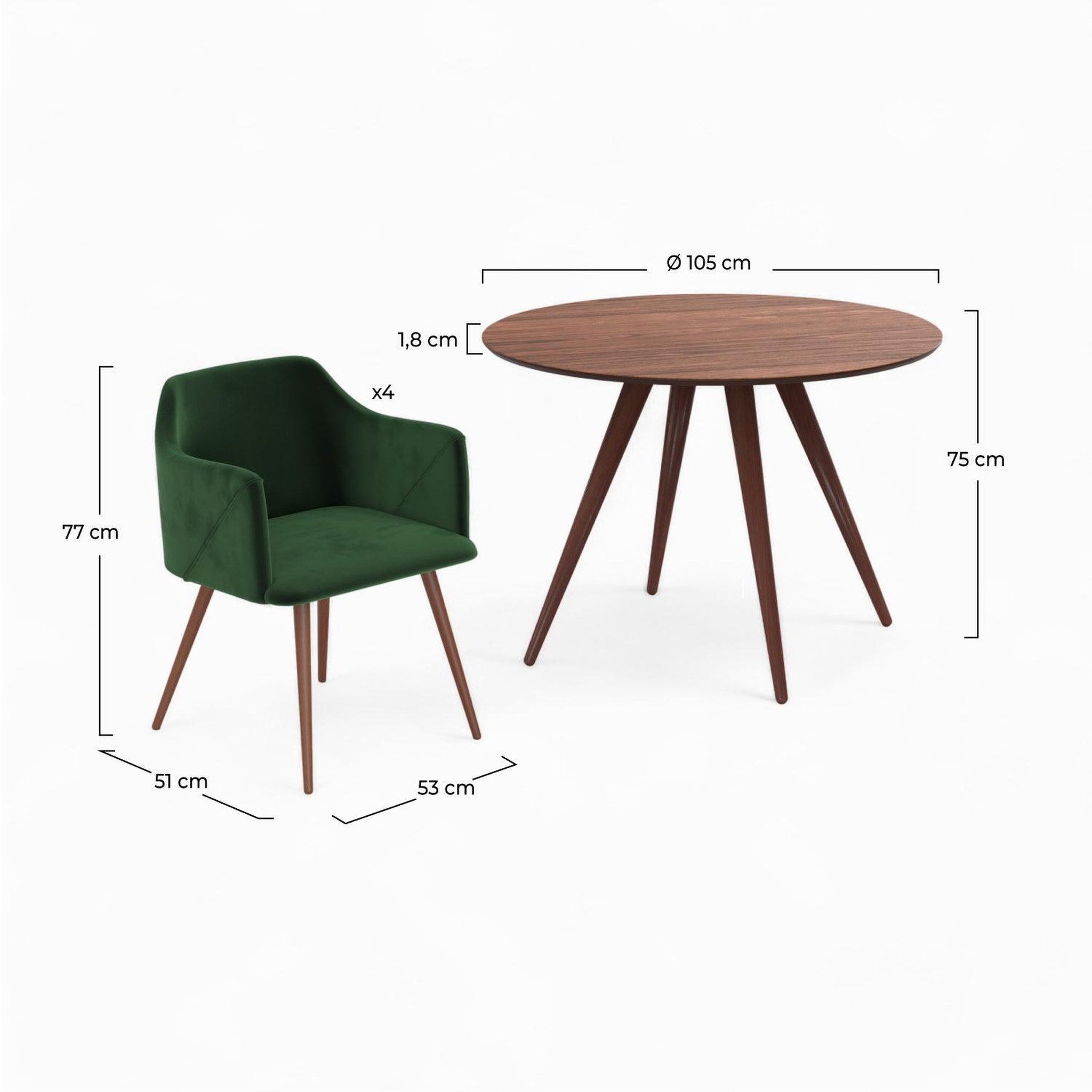Voir la diapositive 4 : MAISON PAVANE Table et chaises 4 personnes en velours vert et bois-liwa
