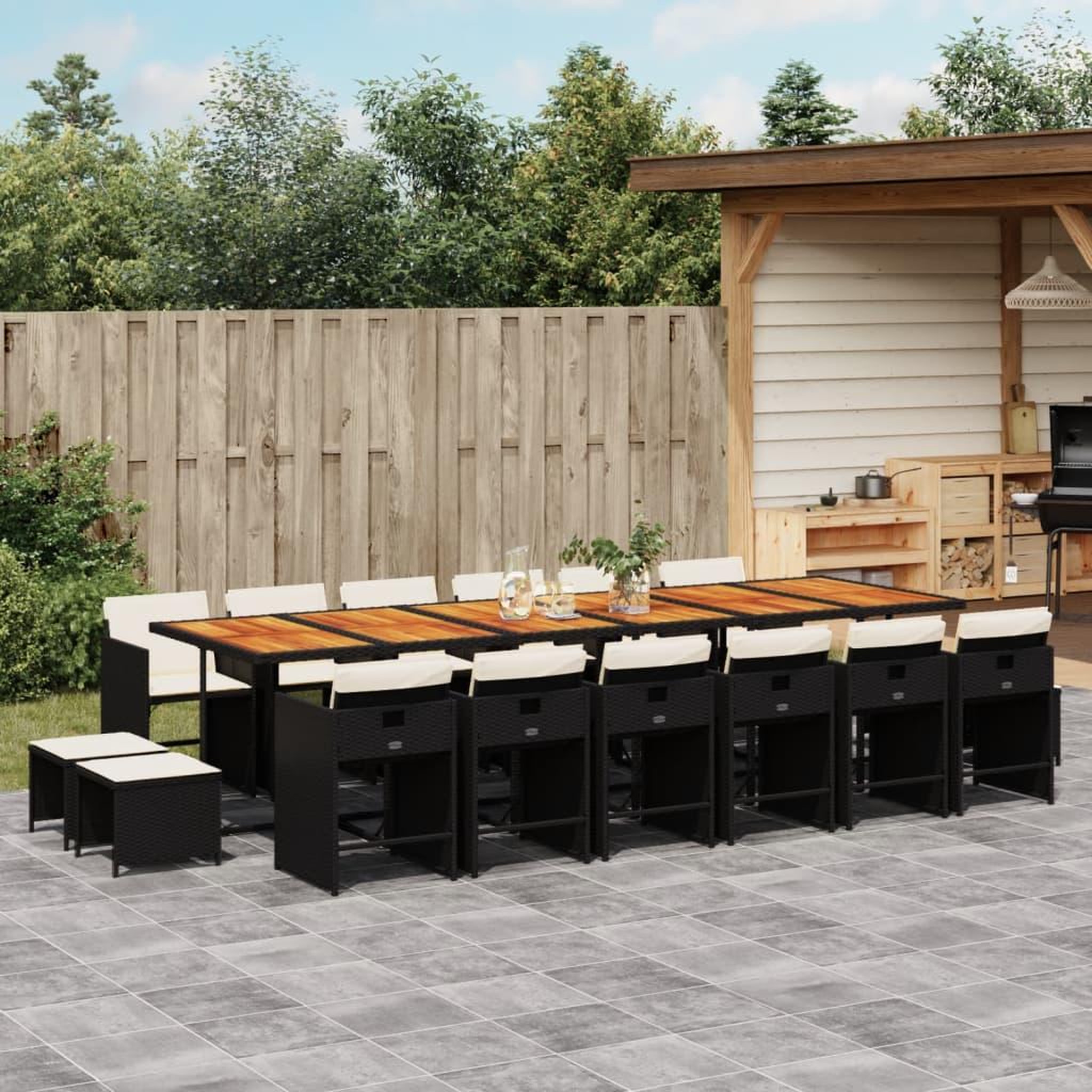 VIDAXL Ensemble a manger de jardin 17 pcs coussins noir resine tressee