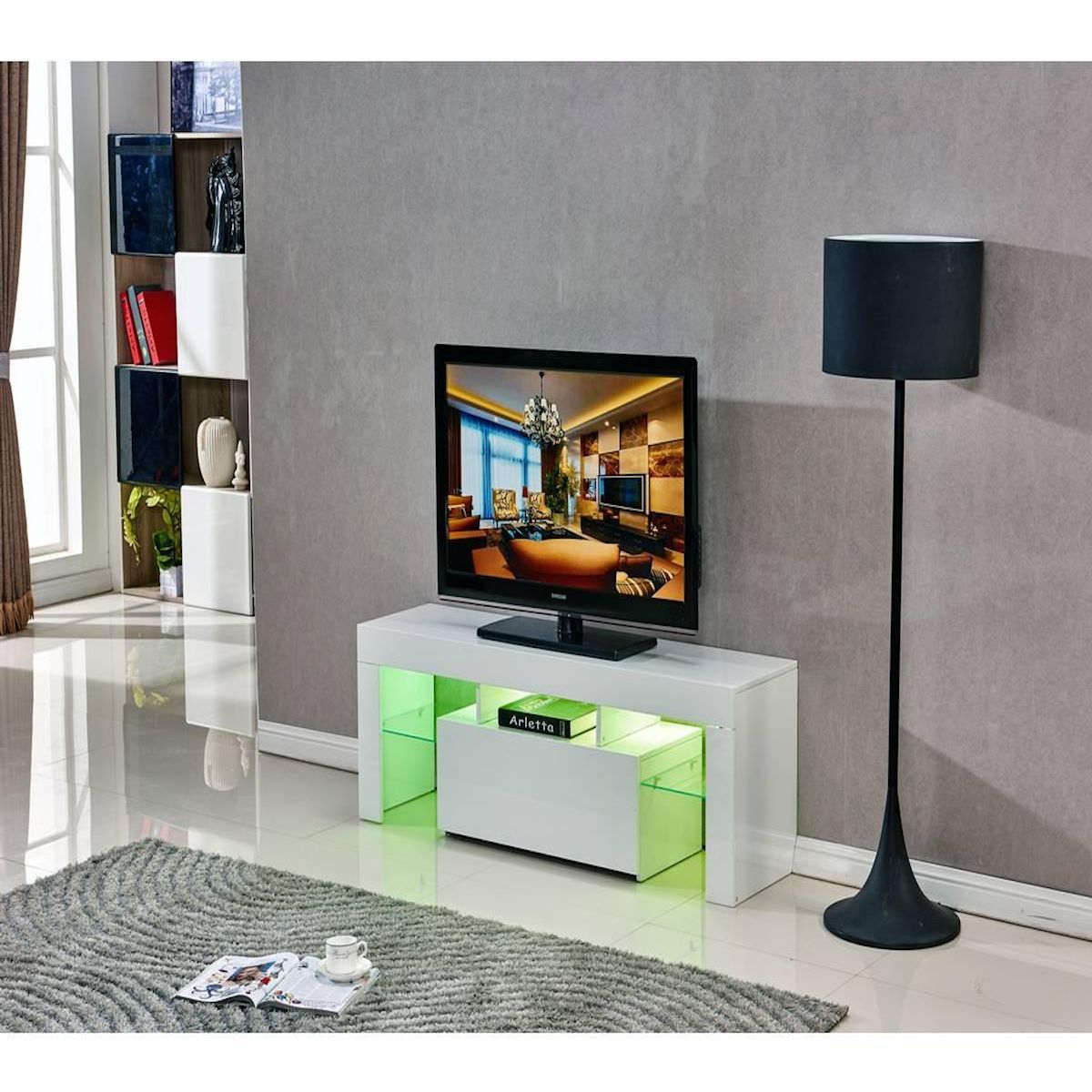 Habitat et Jardin Meuble TV LED  Borda  - 130 x 34 x 45 cm - Blanc laqué