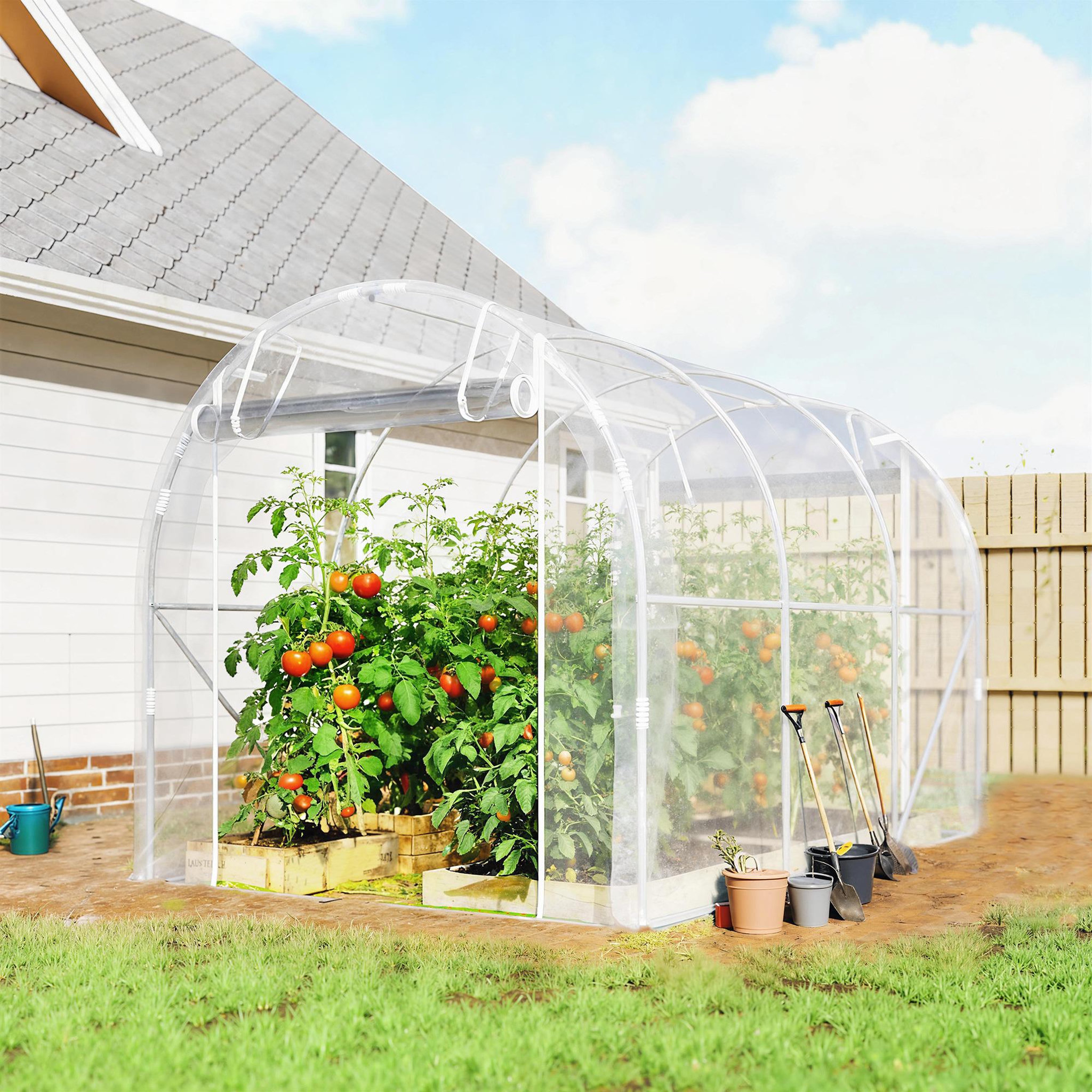 Voir la diapositive 6 : OUTSUNNY Serre tunnel de jardin 6 m² - 2 grandes portes enroulables - acier galvanisé bâche transparente