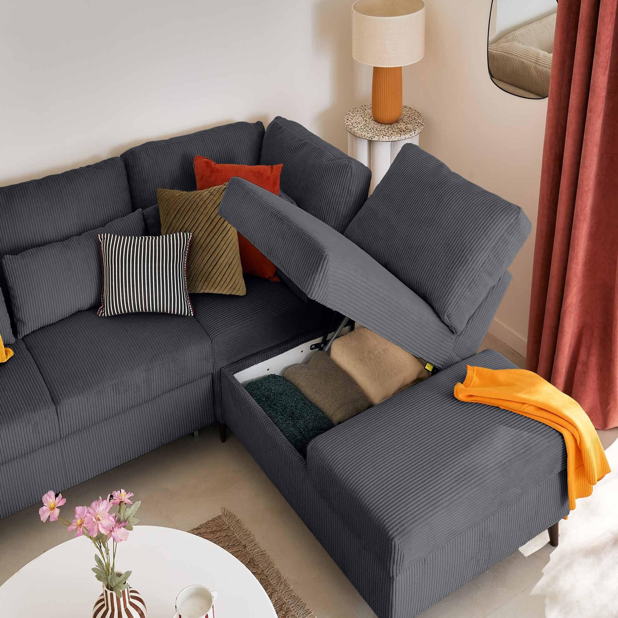 Voir la diapositive 3 : BEST MOBILIER Aubepine - canapé d'angle réversible 5 places - convertible avec coffre - en velours côtelé