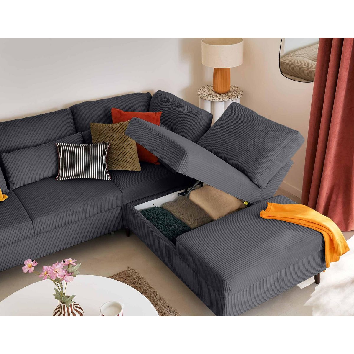 BEST MOBILIER Aubepine - canapé d'angle réversible 5 places - convertible avec coffre - en velours côtelé