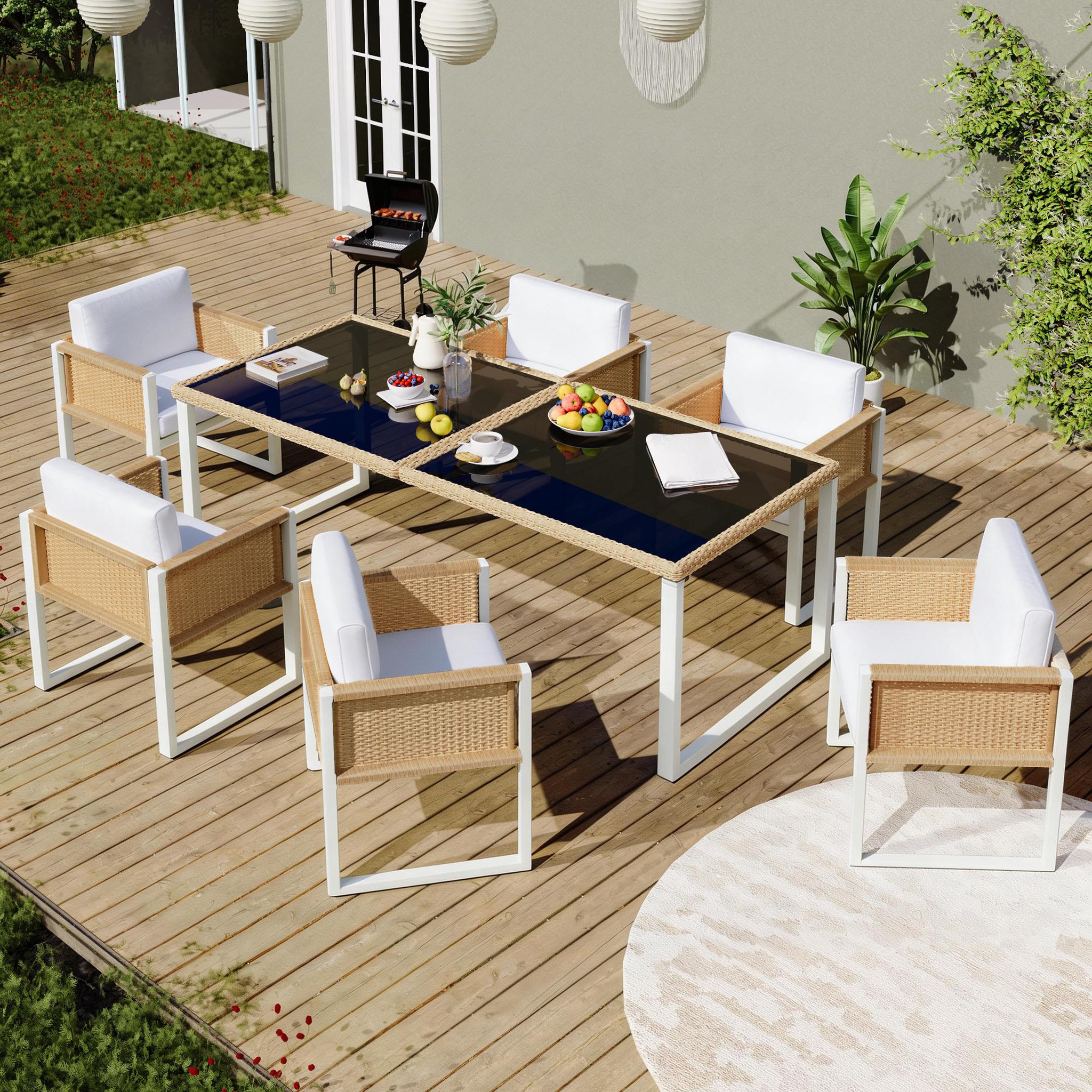 Voir la diapositive 1 : MERAX Salon de jardin 6 places en corde tressée avec table et fauteuils