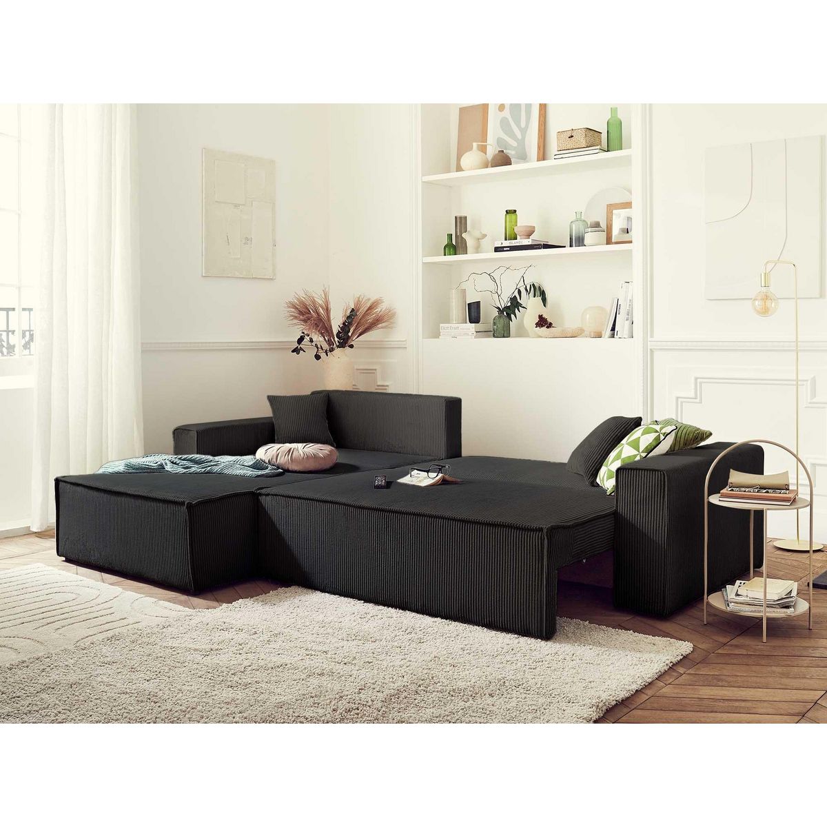 BEST MOBILIER Dellia - canapé d'angle réversible convertible - avec coffre - en velours côtelé - 4 places