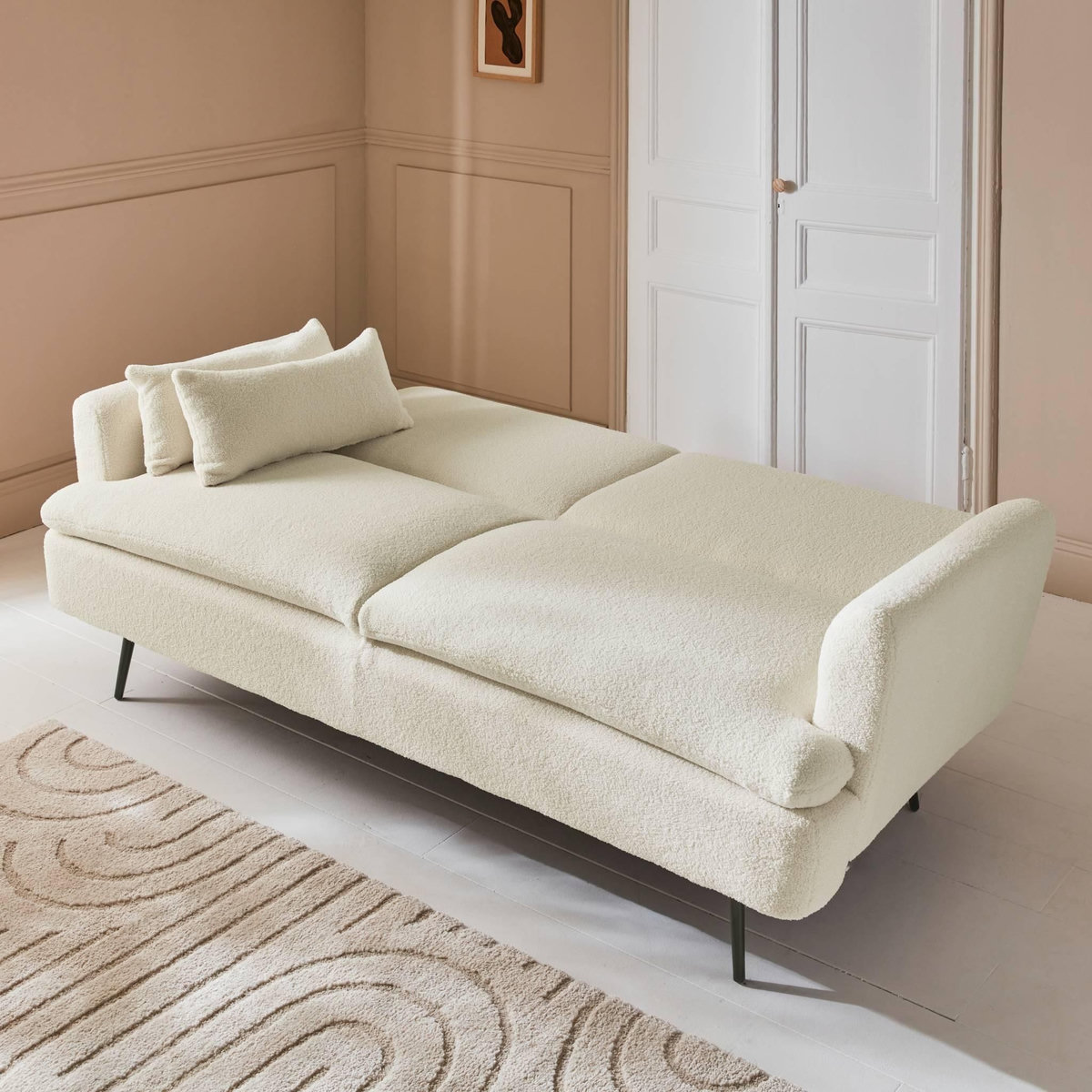 SWEEEK Canapé convertible. John. 2-3 places pieds métal et tissu bouclette blanche  L 210 x P111 x H48cm