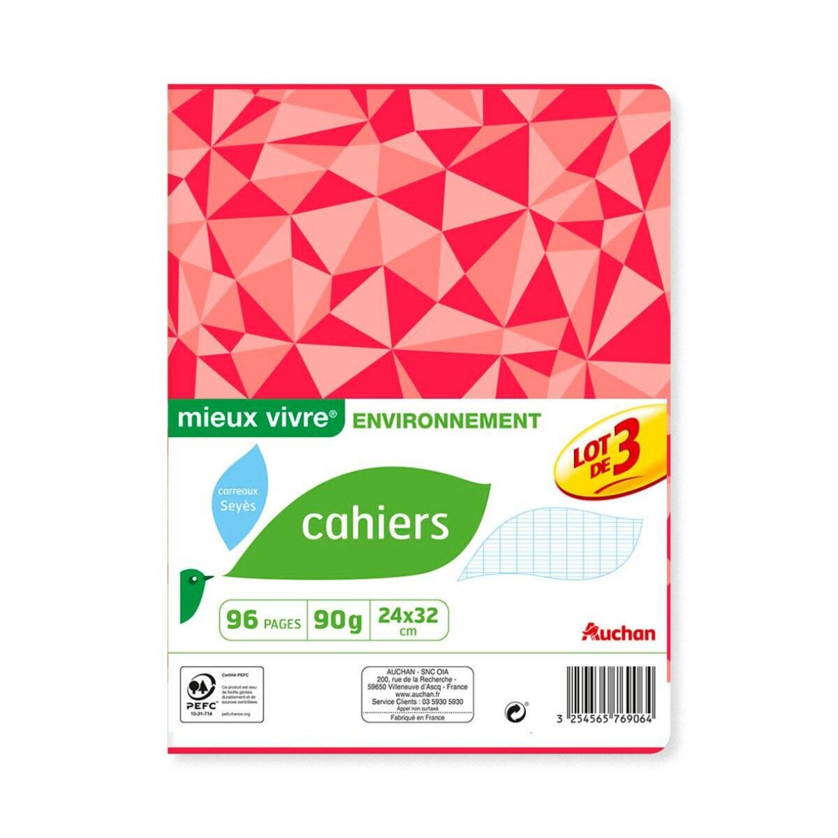 AUCHAN Lot de 3 cahiers piqués 24x32cm 96 pages grands carreaux Seyes motif triangles