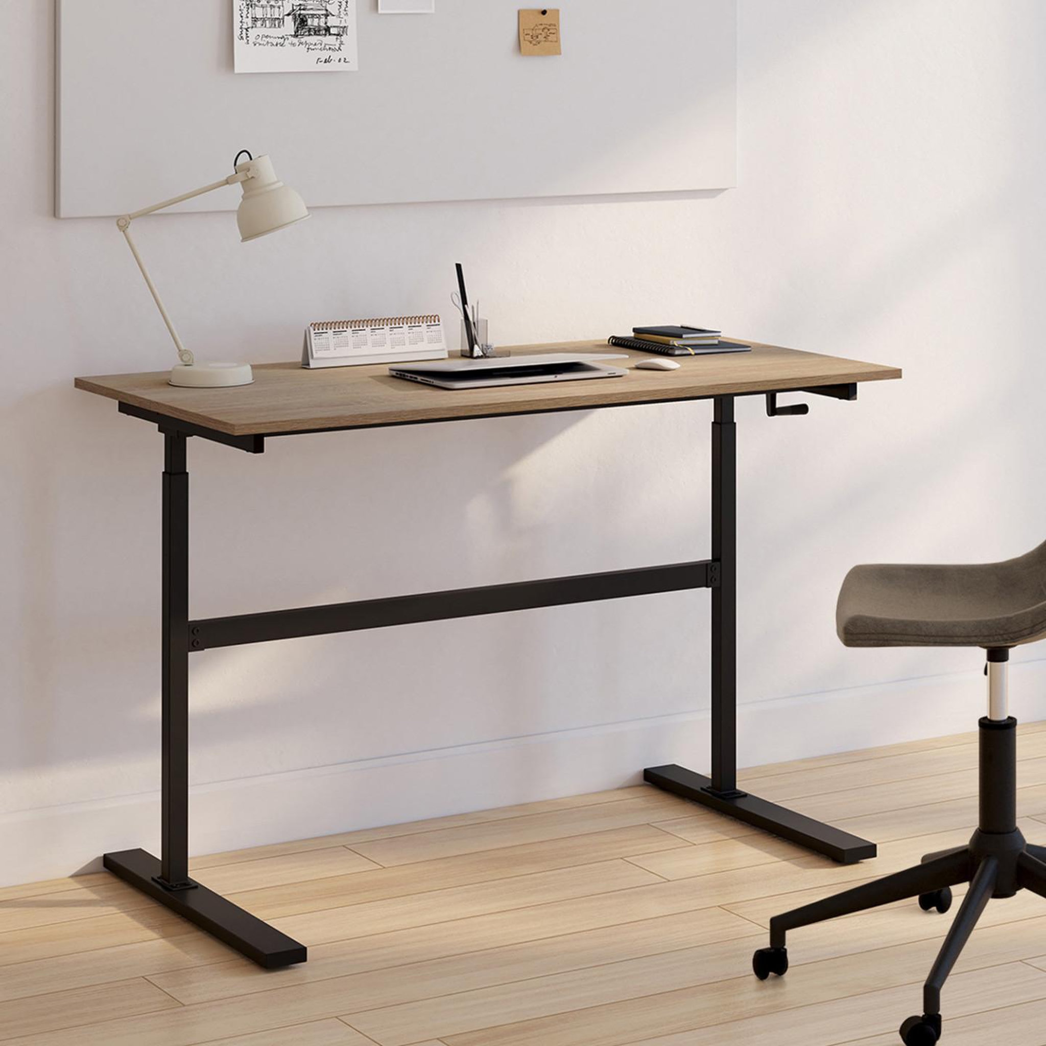 Voir la diapositive 2 : ID MARKET Bureau droit jeanne assis debout à manivelle hauteur réglable 70 - 120 cm bois façon hêtre et noir