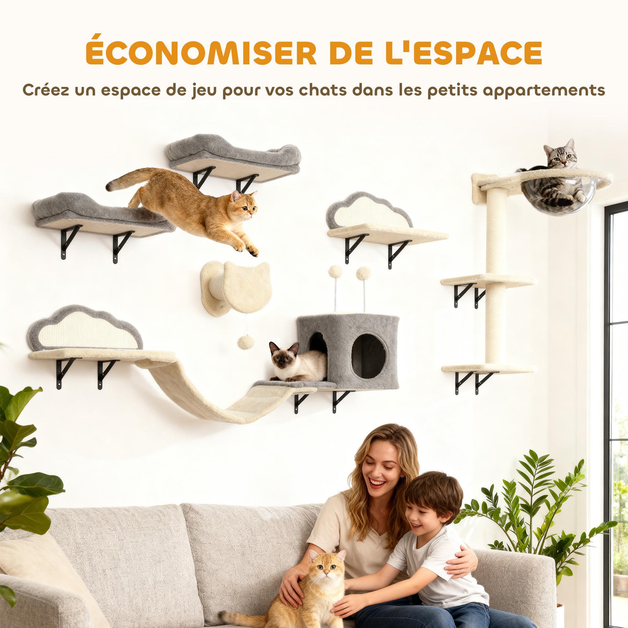 Voir la diapositive 5 : PAWHUT Arbre à chat design mural - parcours mural en bois pour chat 6 pièces variées - crème gris