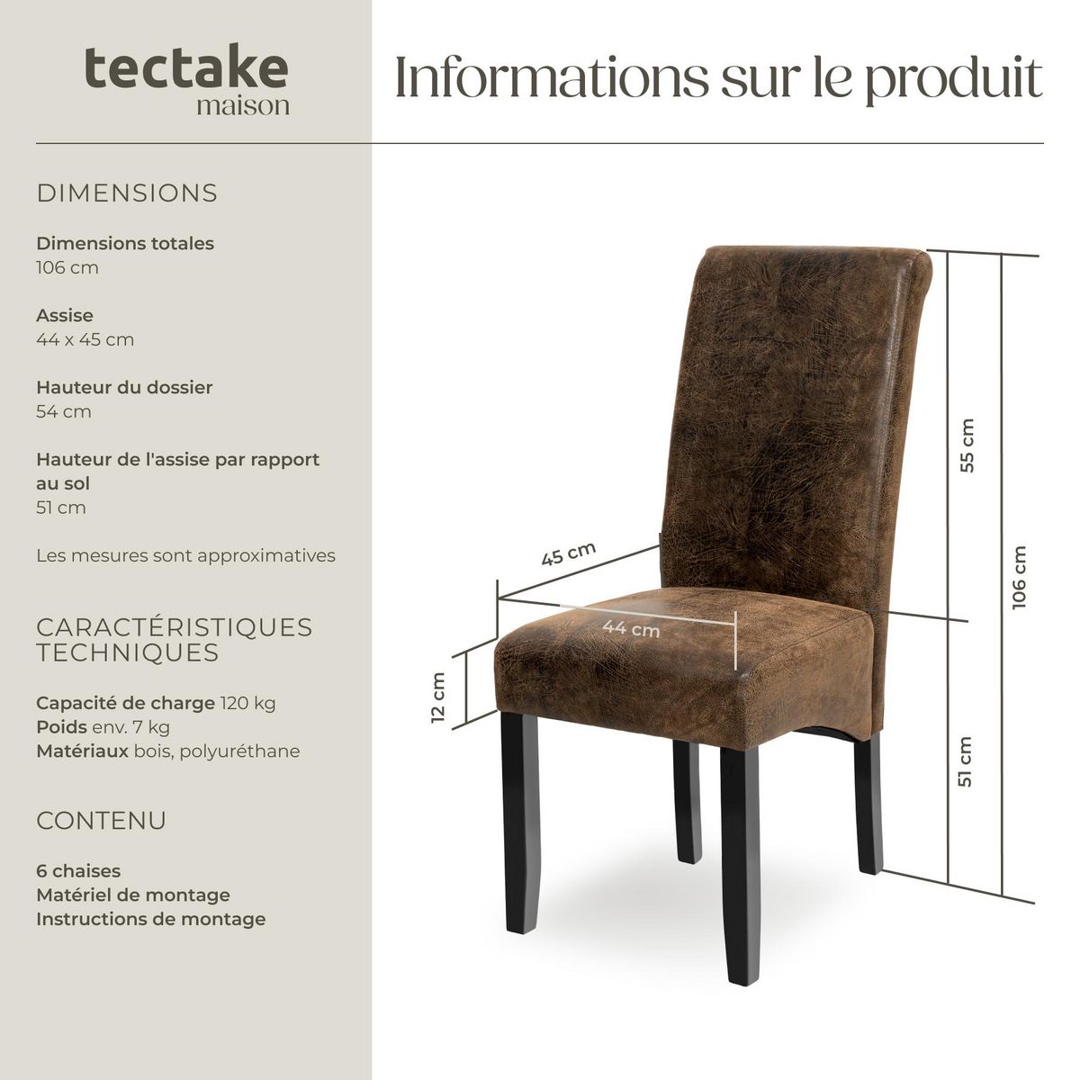 tectake Chaise de salle à manger avec revêtement en cuir synthétique marron foncé Lot de 6