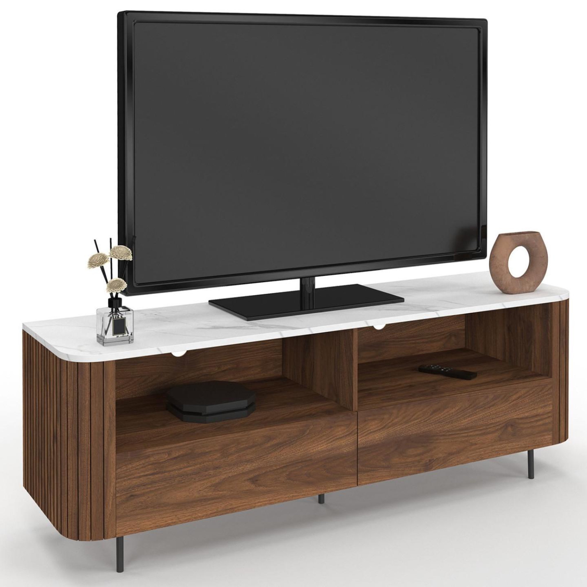 ID MARKET Meuble tv 140 cm marla noyer effet lattes 2 tiroirs et plateau marbre blanc alaska