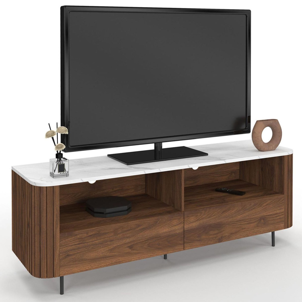 ID MARKET Meuble TV 140 cm MARLA noyer effet lattes 2 tiroirs et plateau marbre blanc ALASKA